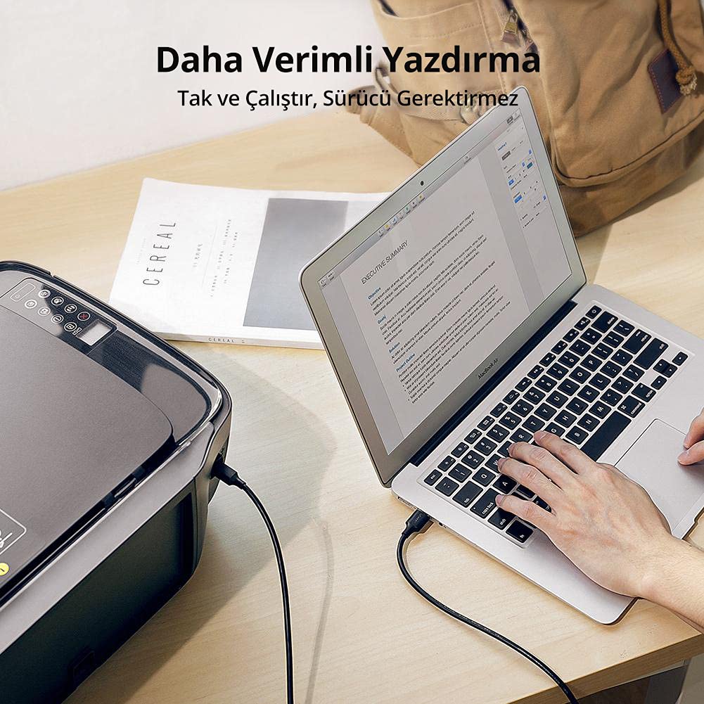 Ugreen USB-A 3.0 & USB-B 3.0 Yazıcı Kablosu, 1 Metre, Siyah