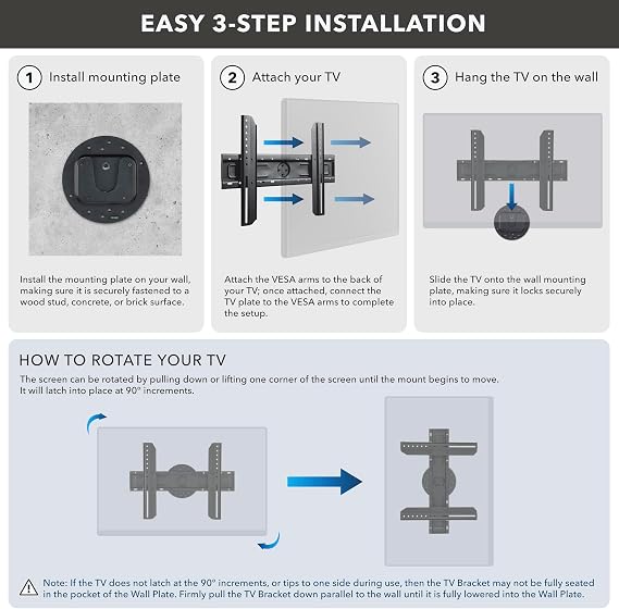 Mount-It! TV Wall Mount Landscape to Portrait Rotation, Fixed Mounting Bracket, Low-Profile for Samsung, Sony, Toshiba, Sharp, LG, Element, Westinghouse, TCL 32 to 60 Inch (Some 70) TVs, 110 lbs
