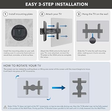 Mount-It! TV Wall Mount Landscape to Portrait Rotation, Fixed Mounting Bracket, Low-Profile for Samsung, Sony, Toshiba, Sharp, LG, Element, Westinghouse, TCL 32 to 60 Inch (Some 70) TVs, 110 lbs
