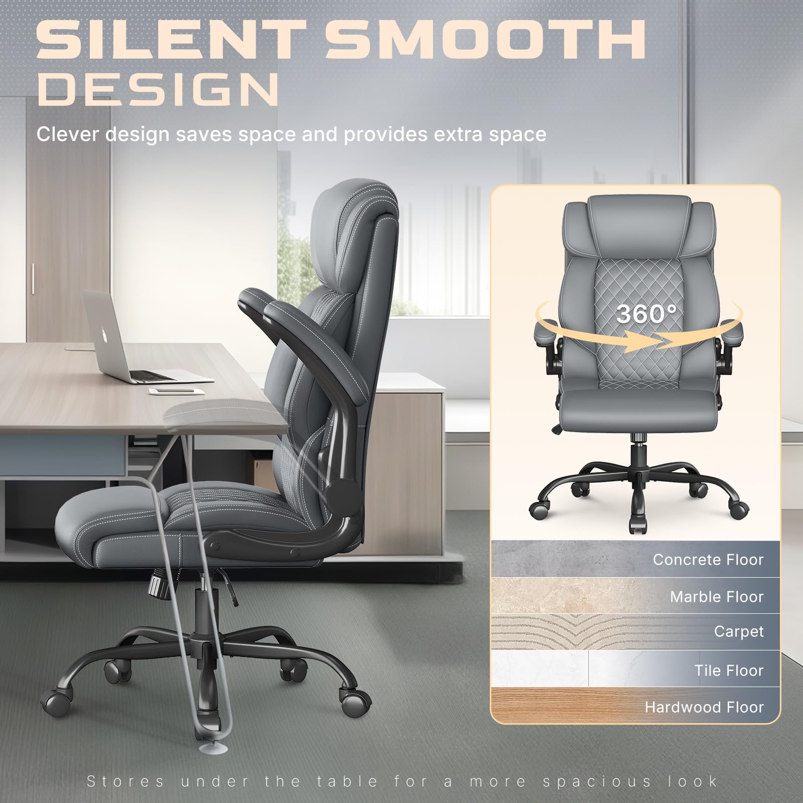 Office Chair Ergonomic Big and Tall Executive Desk Chair Breathable Leather Chair with Adjustable Flip-up Armrests Lumbar Support — view 4