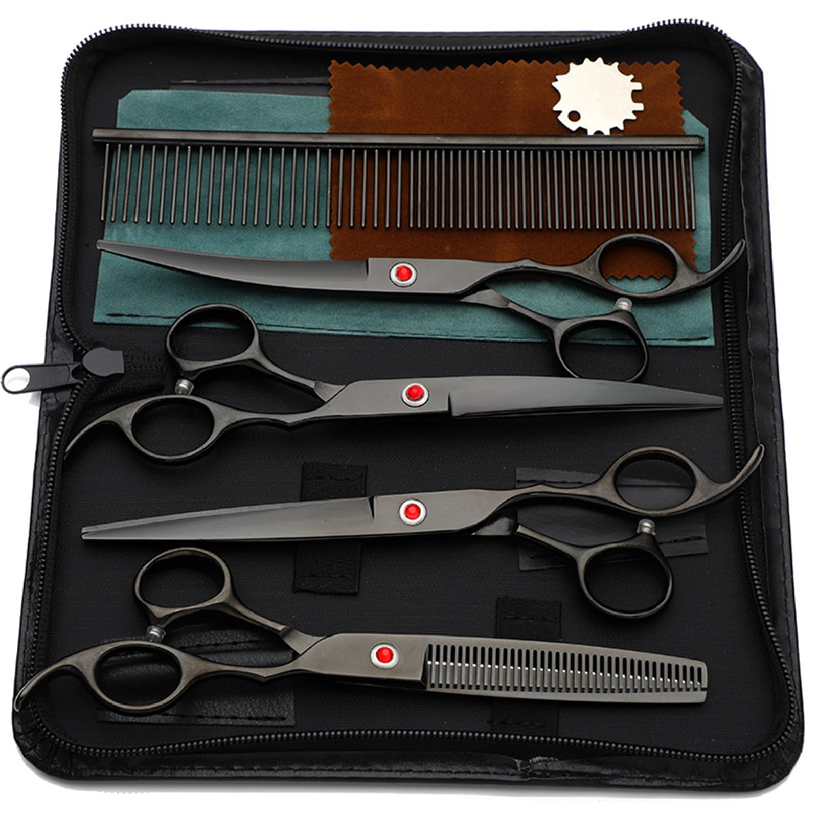 Set di forbici per cani da 7,0 pollici, 5 in 1, forbici per cani e gatti, in acciaio inox 440C, con forbici per sfoltire curve, forbici dritte, pettine per la cura del pelo, per gatti e altri animali