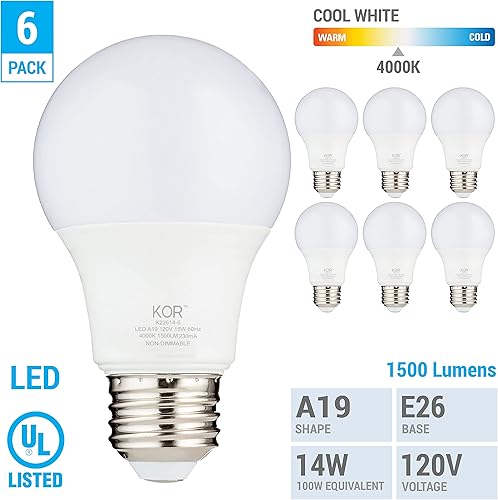 Miniatura 2 de KOR Bombillas LED  Paquete de 6 bombillas blancas frías de 4000 K  Base E26, tamaño A19, 15 W (equivalente incandescente de 100 W)  Bombillas de