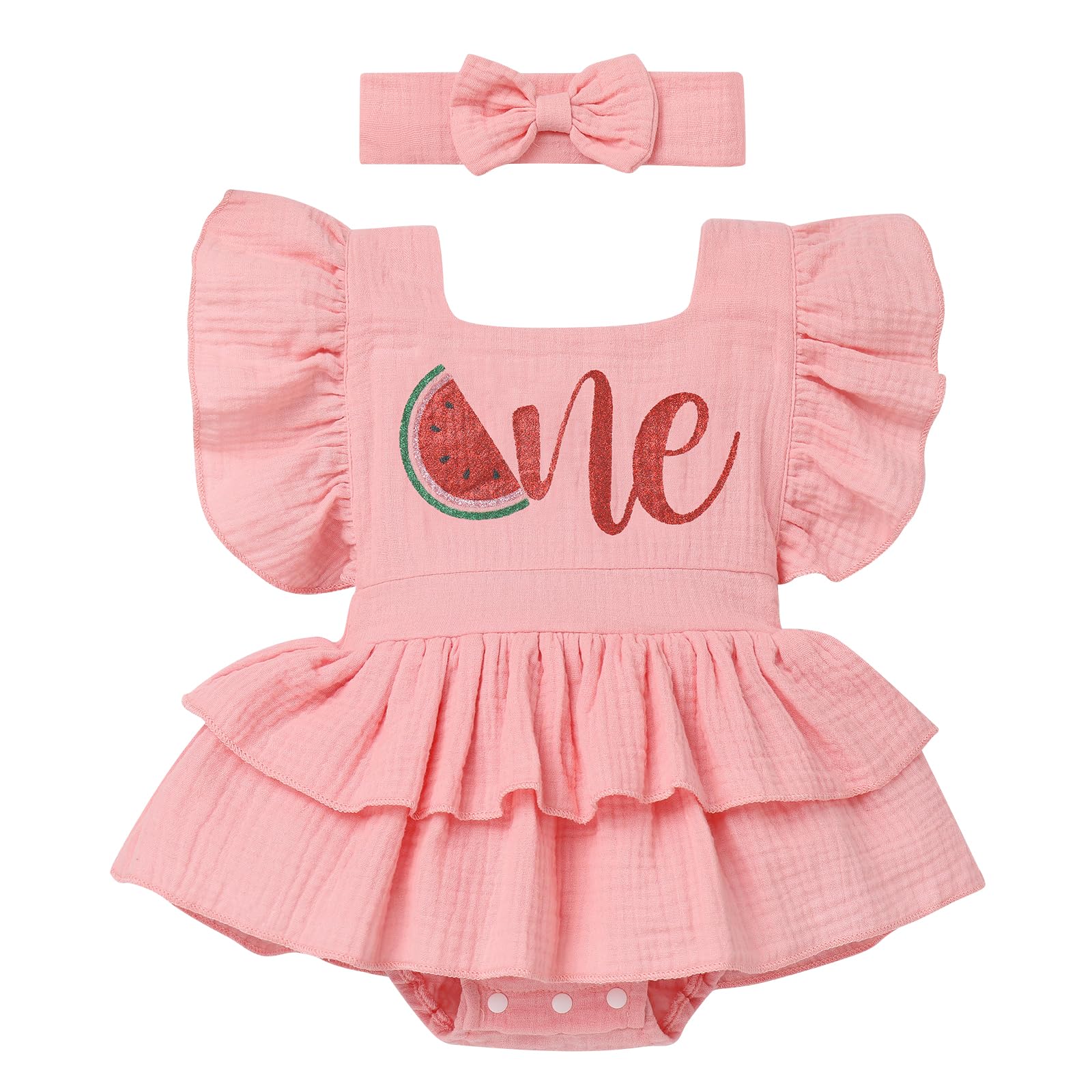 Baby Girls 1st Birthday Outfit Melon Print Ruffle Flutter Sleeve Square Neck Watermelon Princess Romper Dress with Headband First Cake Smash Clothes for Photo Shoot Pink Watermelon 12-18 Months