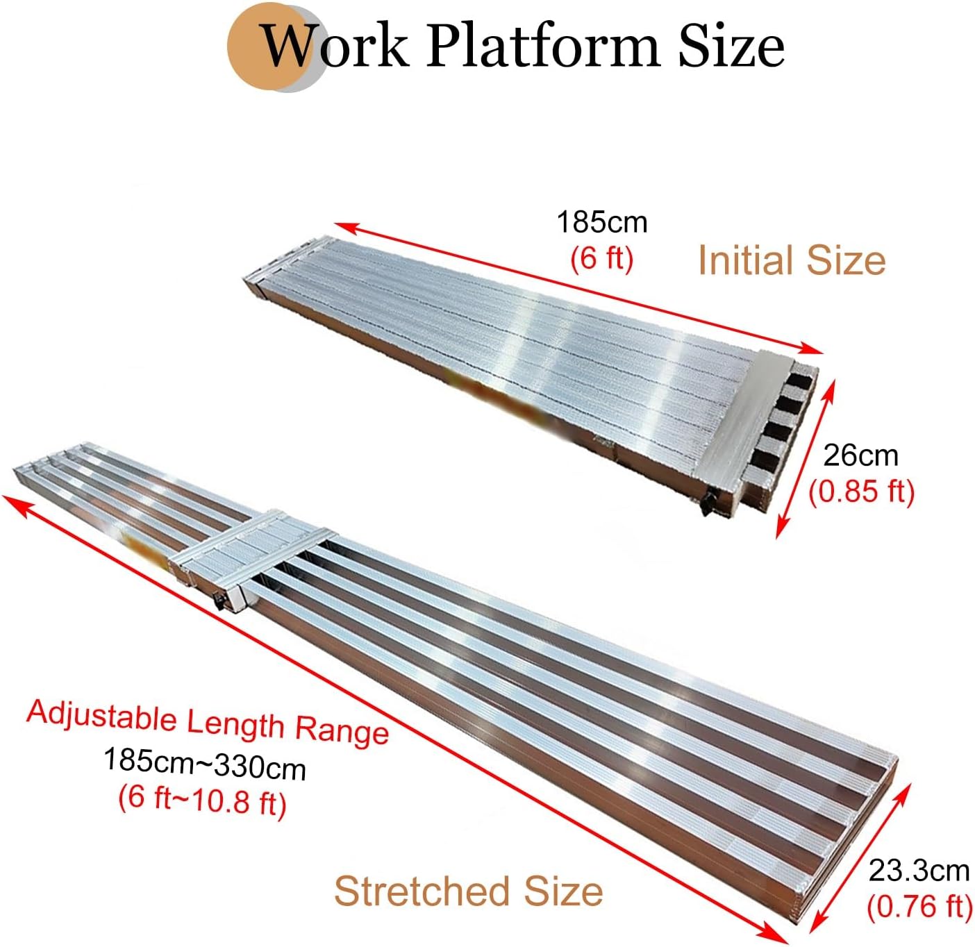 Telescopic Aluminum Scaffold Plank 26cm Wide for Painting Walls & Ceilings Extendable & Foldable Workbench (6-10.8ft / 185-330cm) - Heavy Duty & Versatile