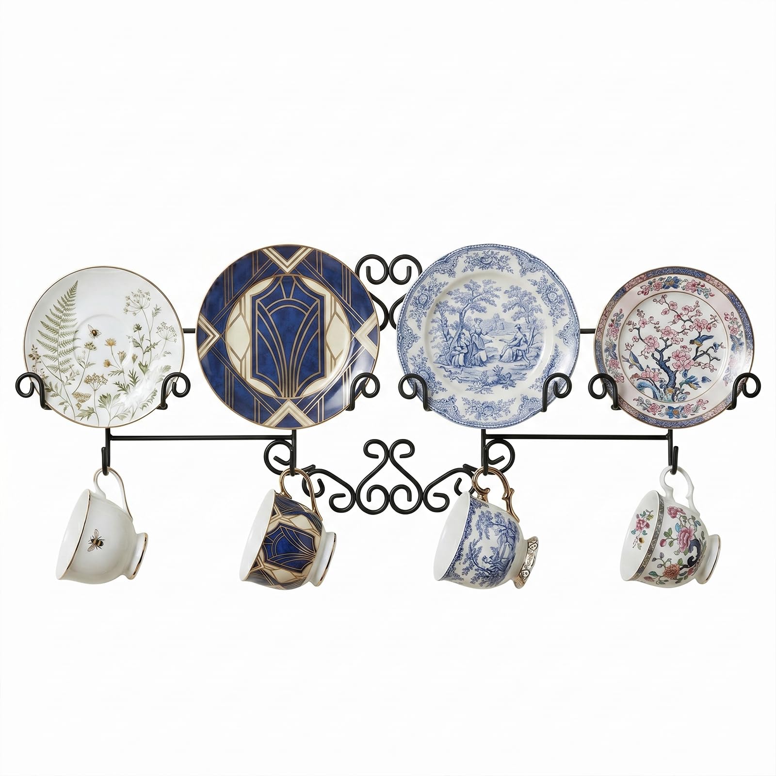 Condition photo showing New/Like New for mygift vintage scrollwork black metal wire tea coffee cup and saucer set rack, wall mounted decorative display shelf holds up to 4 collectible plates & mugs