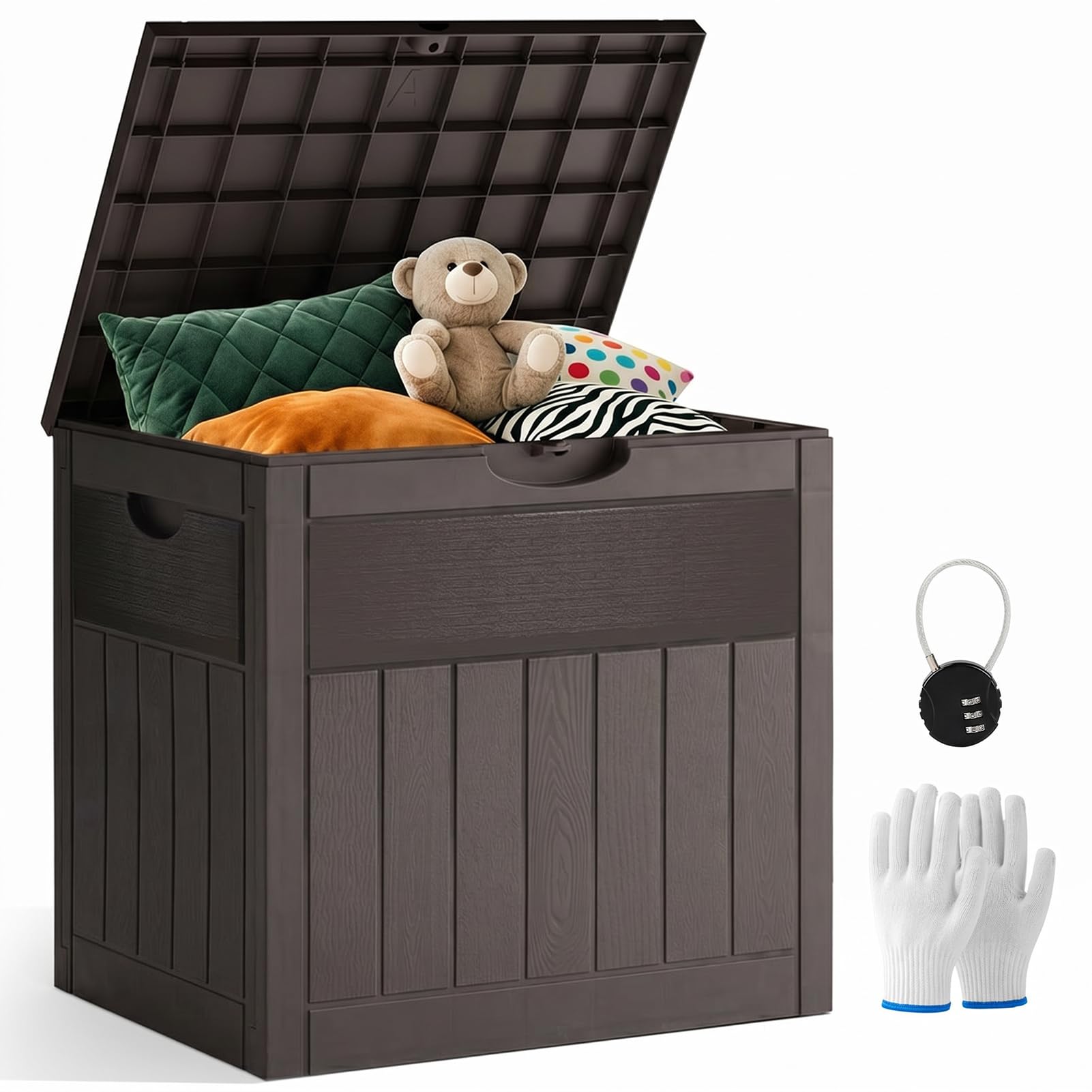DKIEI 126L Garden Storage Box with Resettable Combination Padlock, Lockable Outdoor Storage Box Waterproof for Tools, Cushion, 55.5x43x53 cm, Wood Grain Pattern, Brown