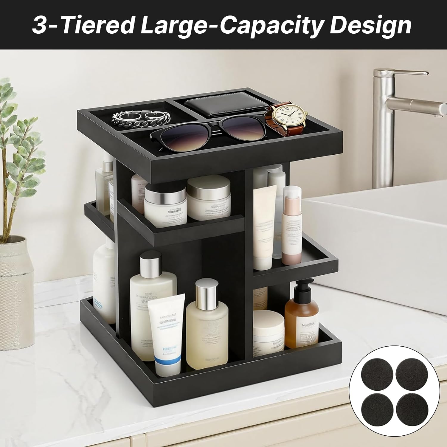 Wooden Cologne Organizer for Men,3 Tier Large Capacity Perfume Shelf with Rotate,Cologne Stand for Desk & Nightstand Organizer,Cologne Shelf Organizer for Mens Gift(Black)