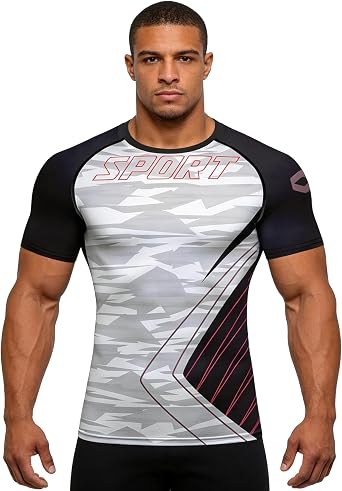 Red Plume Mens Compression Shirt Short Sleeve Printing Cool Dry T-Shirt Running Sports Baselayer Tee