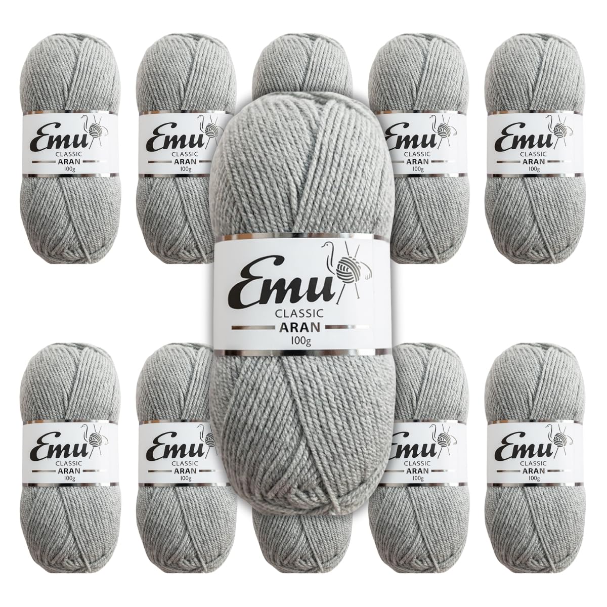 Emu Classic Aran Acrylic Yarn 100g Balls 210m, Pack of 10, Fog - 121