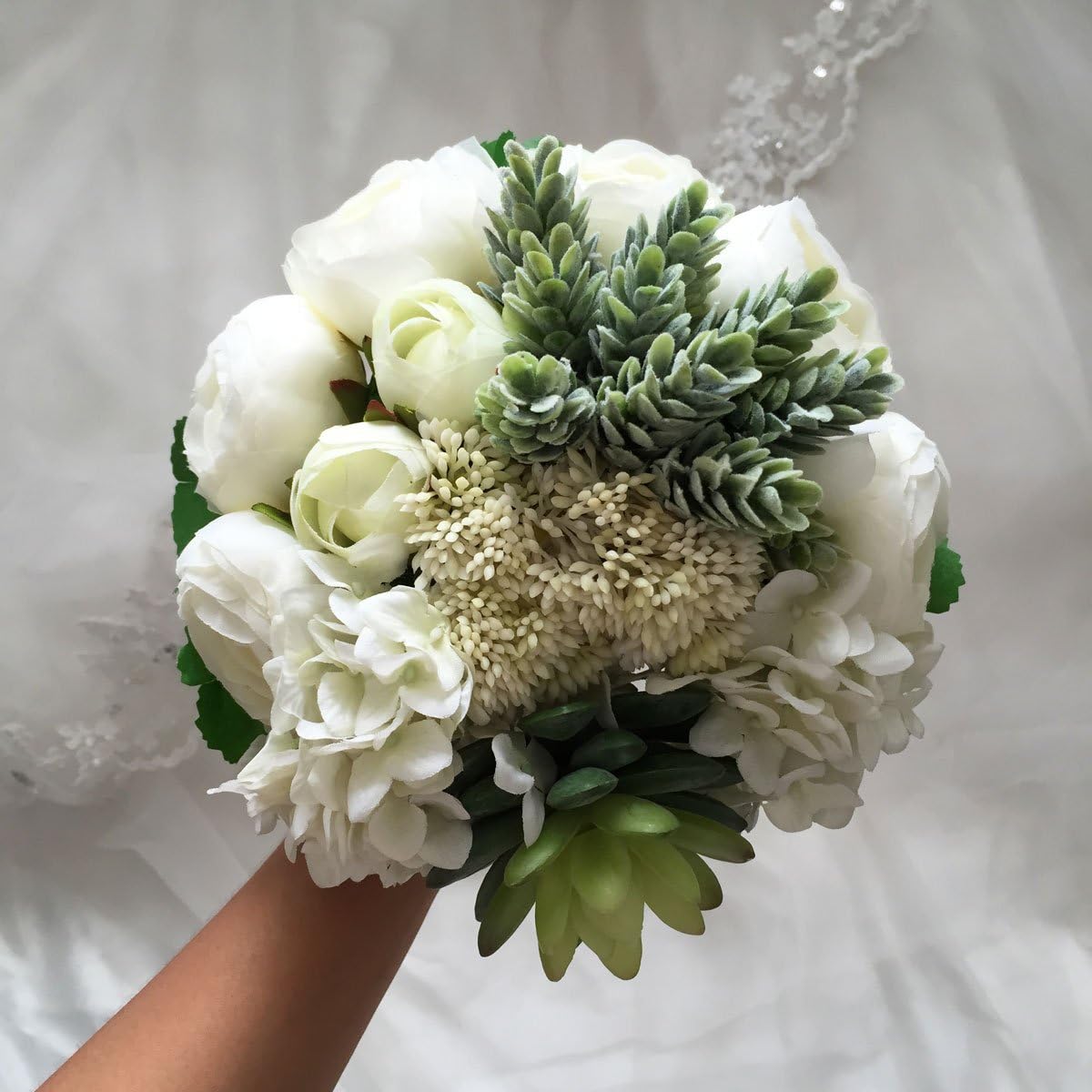 Hydrangea Berry Succulents Plant Ranunculus Wedding Bouquet (Big White)