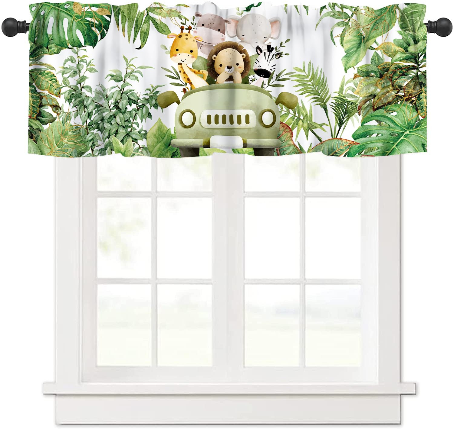 Jungle Safari Curtain Valance, Safari Animals Tropical Natural Green Plants Branches Leaves Floral Print Blackout Short Window Treatment for Kids