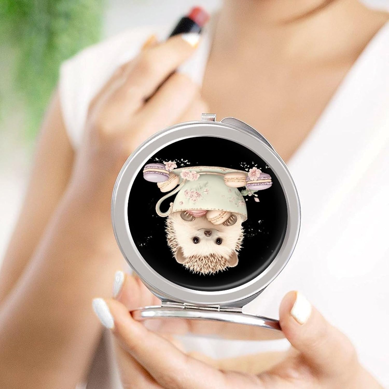 Hedgehog Coffee Cup Sweet Food Compact Makeup Mirror Mini Foldable Cosmetic Mirror Portable Travel Mirror for Purse Pocket