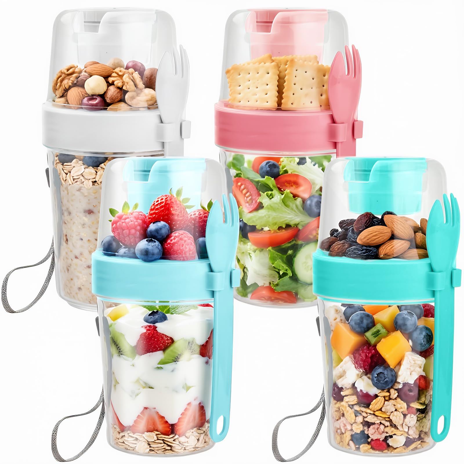 Müslibecher to Go, 4 Stück Jogurtbecher für Unterwegs mit löffel, Joghurt to Go Becher, Doppelschicht Auslaufsicherer Salatbecher, Müsli to go Becher für Arbeit, Schule, Reisen, Picknick