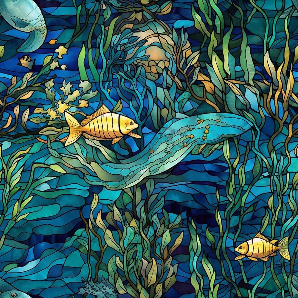 16“x118 Blue Underwater Ocean Creative Double Side Window Films Art Decorative Privacy Tinting Film Self-Adhesive Static Glass Window Clings Stickers for Living Room Bathroom Glass Decor