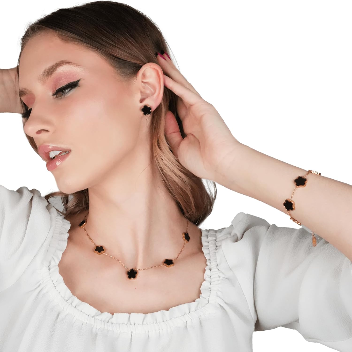 Five Leaf Clover Jewelry Set for Women |18K Gold Plated Bracelet Necklace Earrings | 5 Leaf Lucky Choker and Ear Studs for Mother and Daughter - Image 3