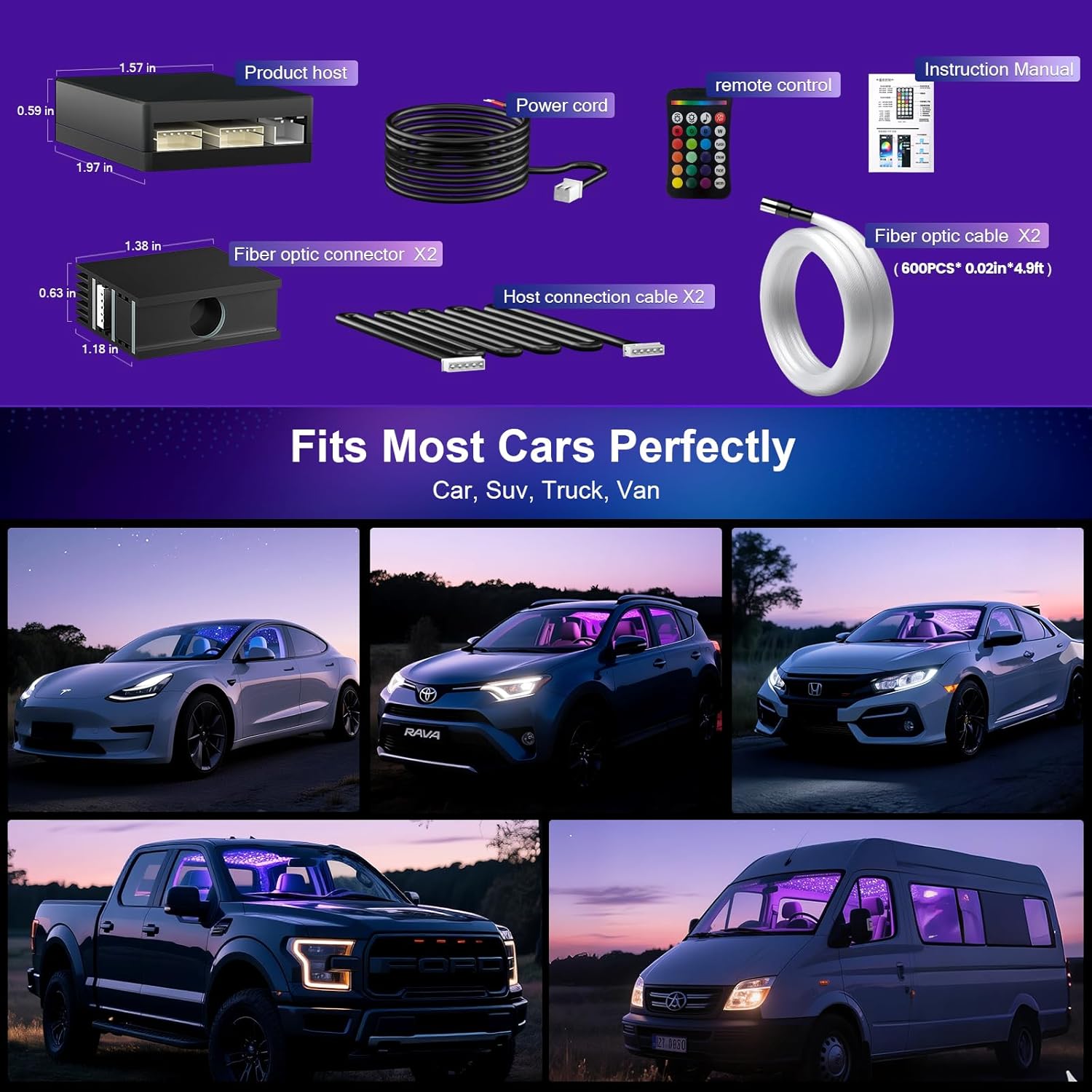 Split Starlight Headliner Kit - 600pcs 0.02in 4.9ft Fiber Optic RGBW Star Lights for Car with 2 Light Heads 16W Engine Easy to Hide,Flexible Wiring,APP/Remote Control for Car Roof Ceiling