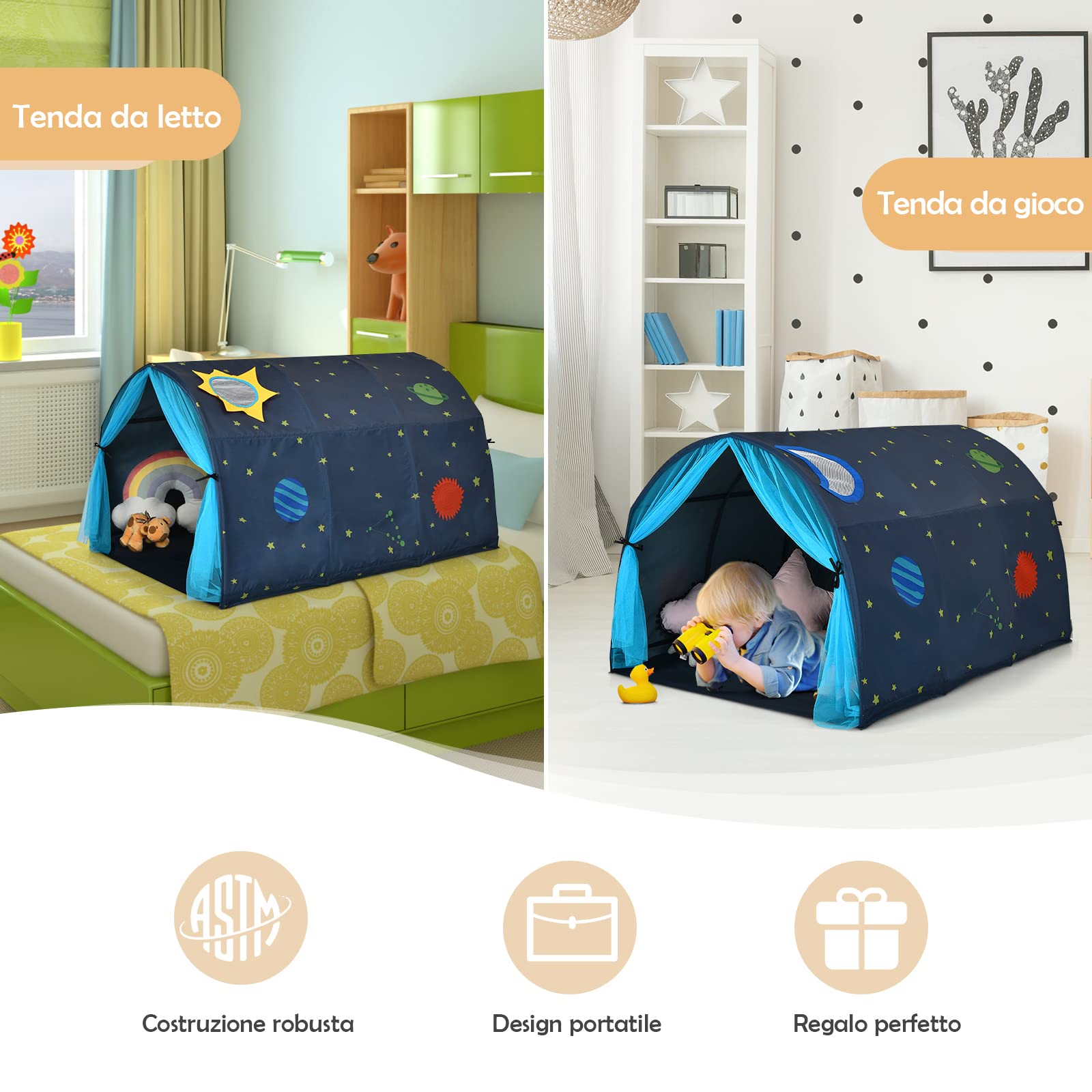 COSTWAY Tenda da Gioco per Bambini, Tenda per Letto con Borsa di Trasporto, Casetta per Bambini Portatile, per Camera da Letto Salone Giochi, 144 x 102 x 82 cm (Blu)