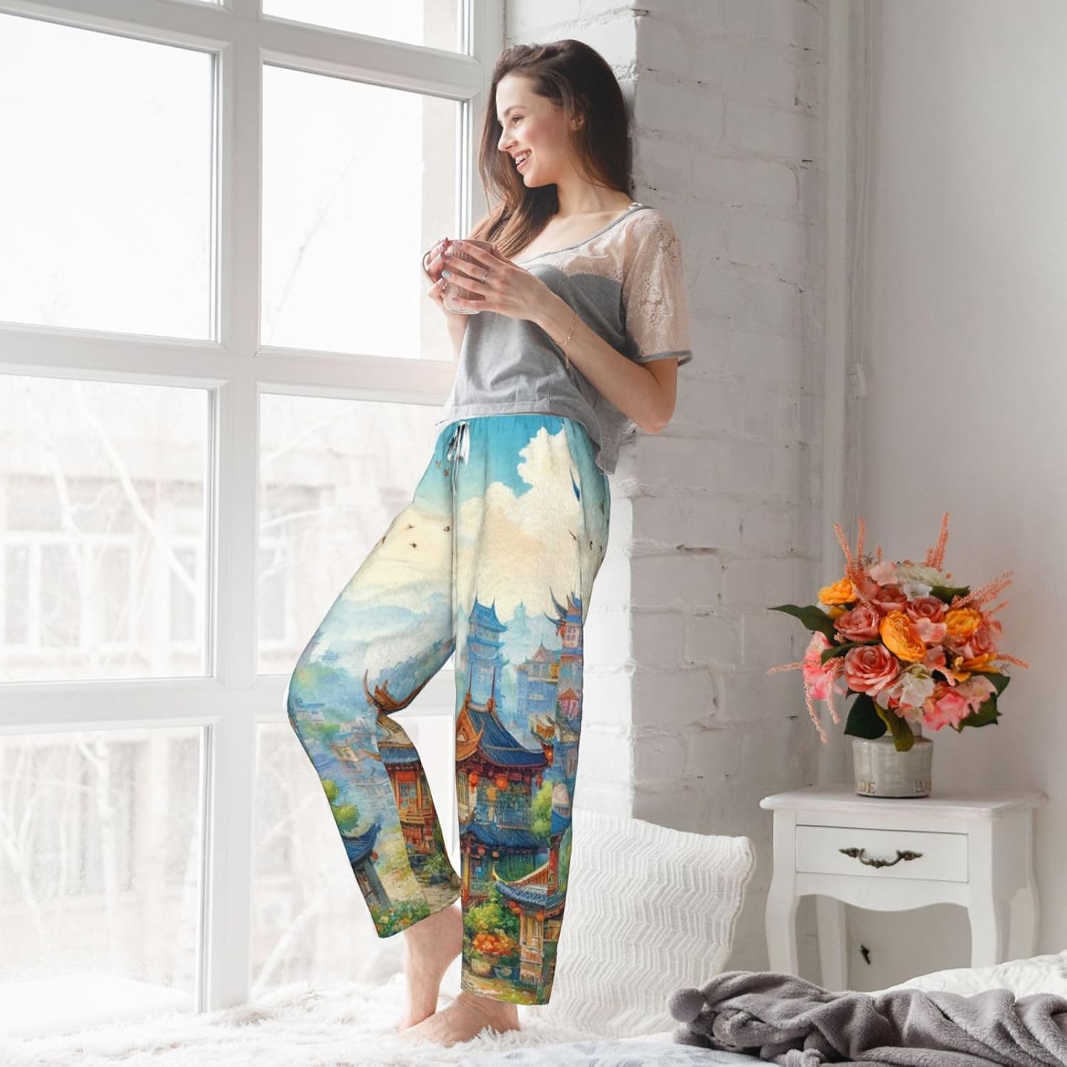 Women'S Cartoon-Ancient-Pagodas Fleece Pajama Pants, Cozy Flannel Lounge Bottoms For Women