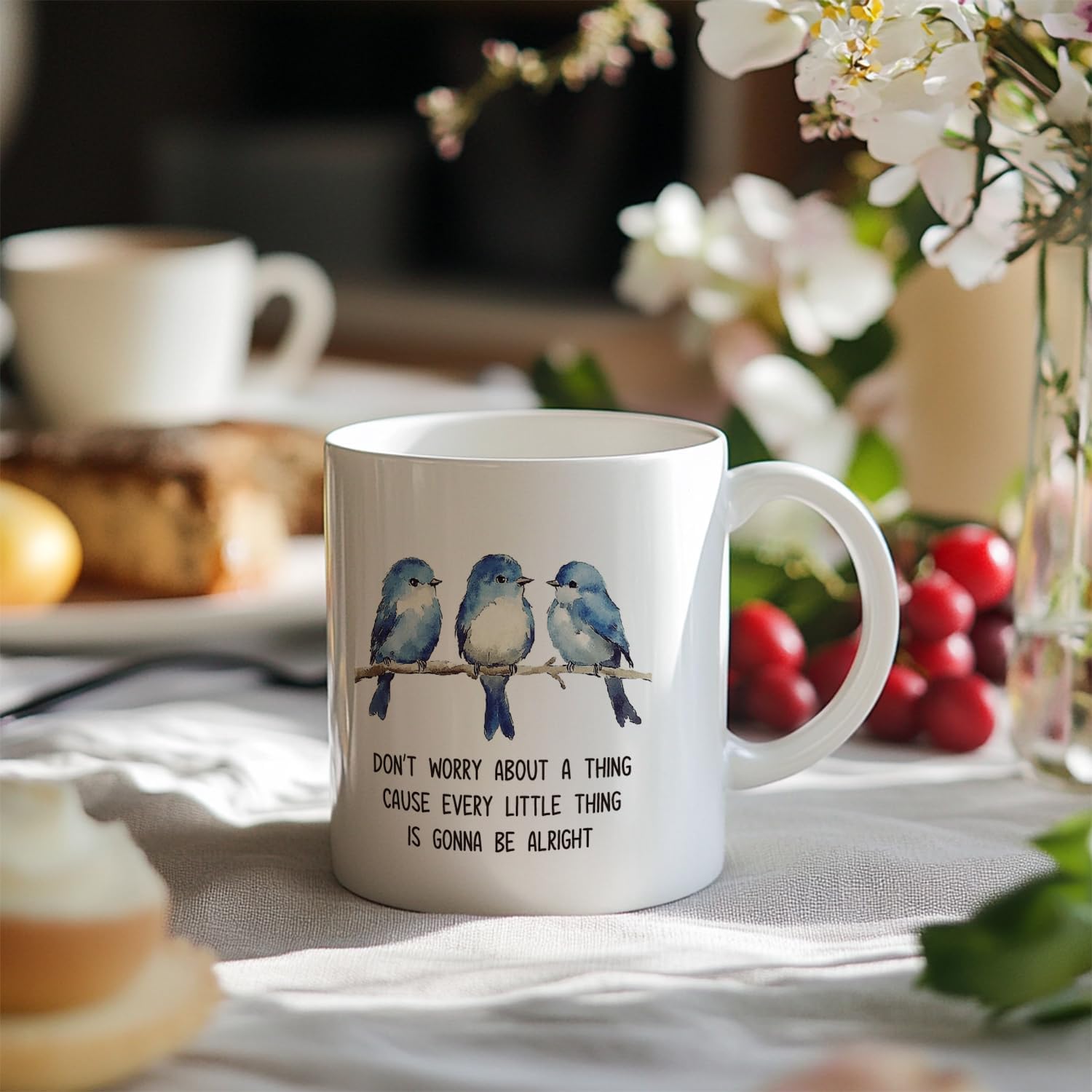 Watercolor Blue Birds Coffee Mugs, Positive Quotes Ceramic Coffee Mug, Every Little Thing Is Gonna Be Alright Coffee Cup, 11oz Ceramic Cup White - Image 2