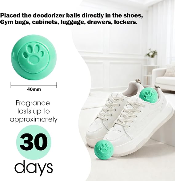 SCENTORINI Shoe Deodorizer Balls, 8 * Pure Cotton Sneaker Deodorizer Balls | Odor Eliminator for Smell Shoes Boots, Long Lasting Shoe Freshener for Gym Bags, Drawers and Small Spaces