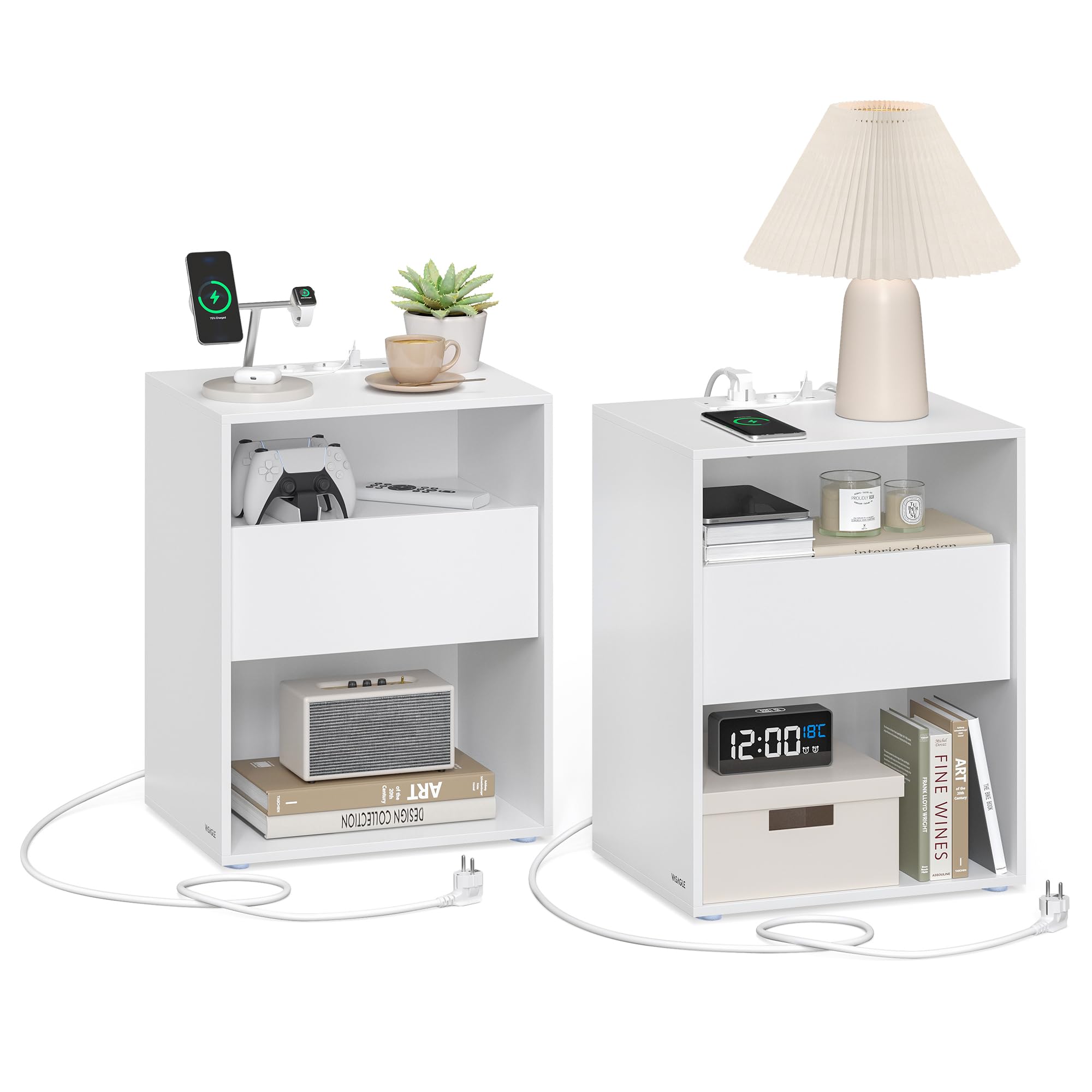 VASAGLE Montaje Ultrarrápido sin Herramientas Toolless, Juego de 2, Mesita de Noche, Mesa Auxiliar con Función de Carga, con Cajón, Moderna, para Dormitorio, Sala de Estar, Blanco Mate LET776W01