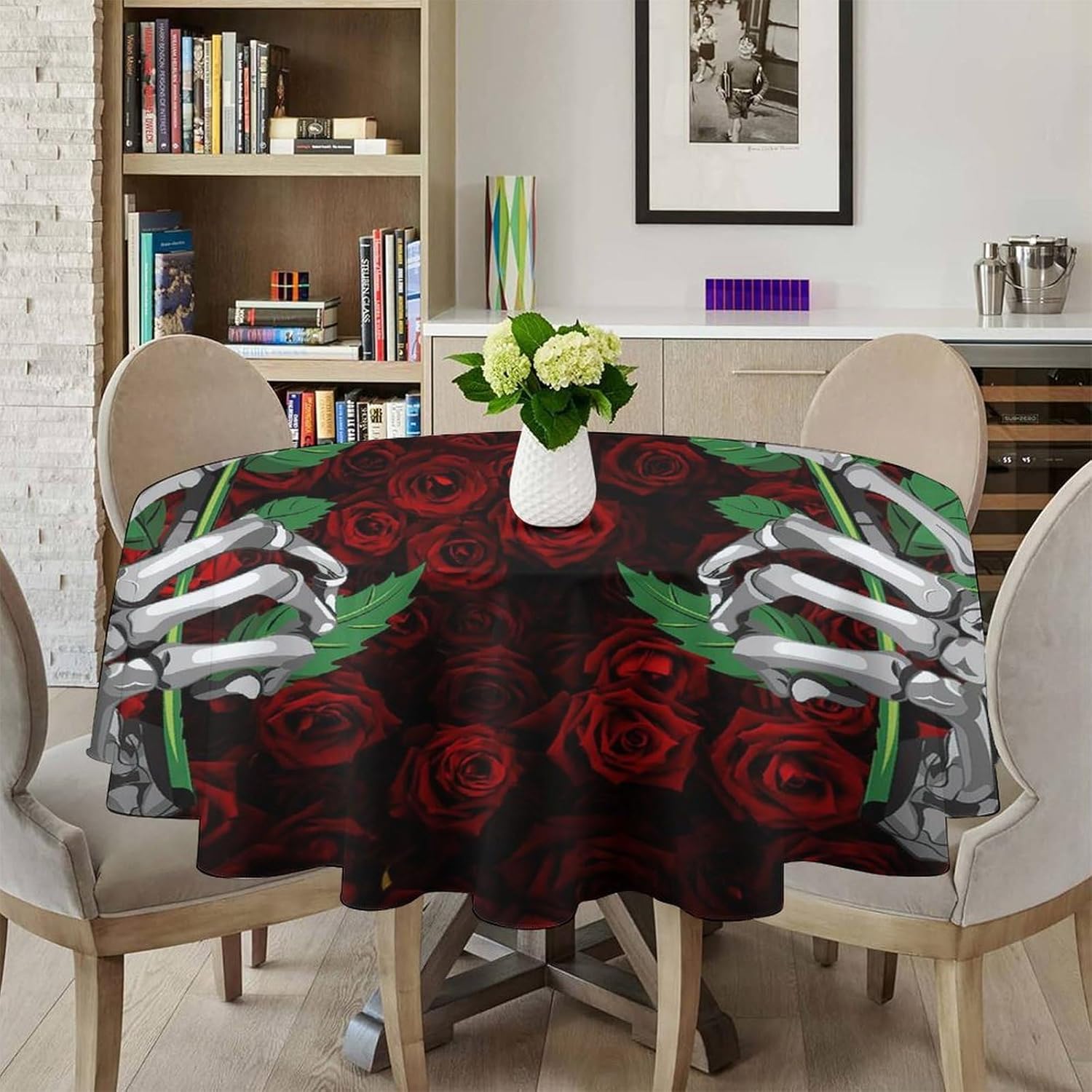 Rose Flower Round Tablecloth, Skeleton Hand Floral Leaves Window Curtains, Halloween Horror Print Tablecloth for Home Party Dining Room Kitchen Decor 50Inch(127cm)