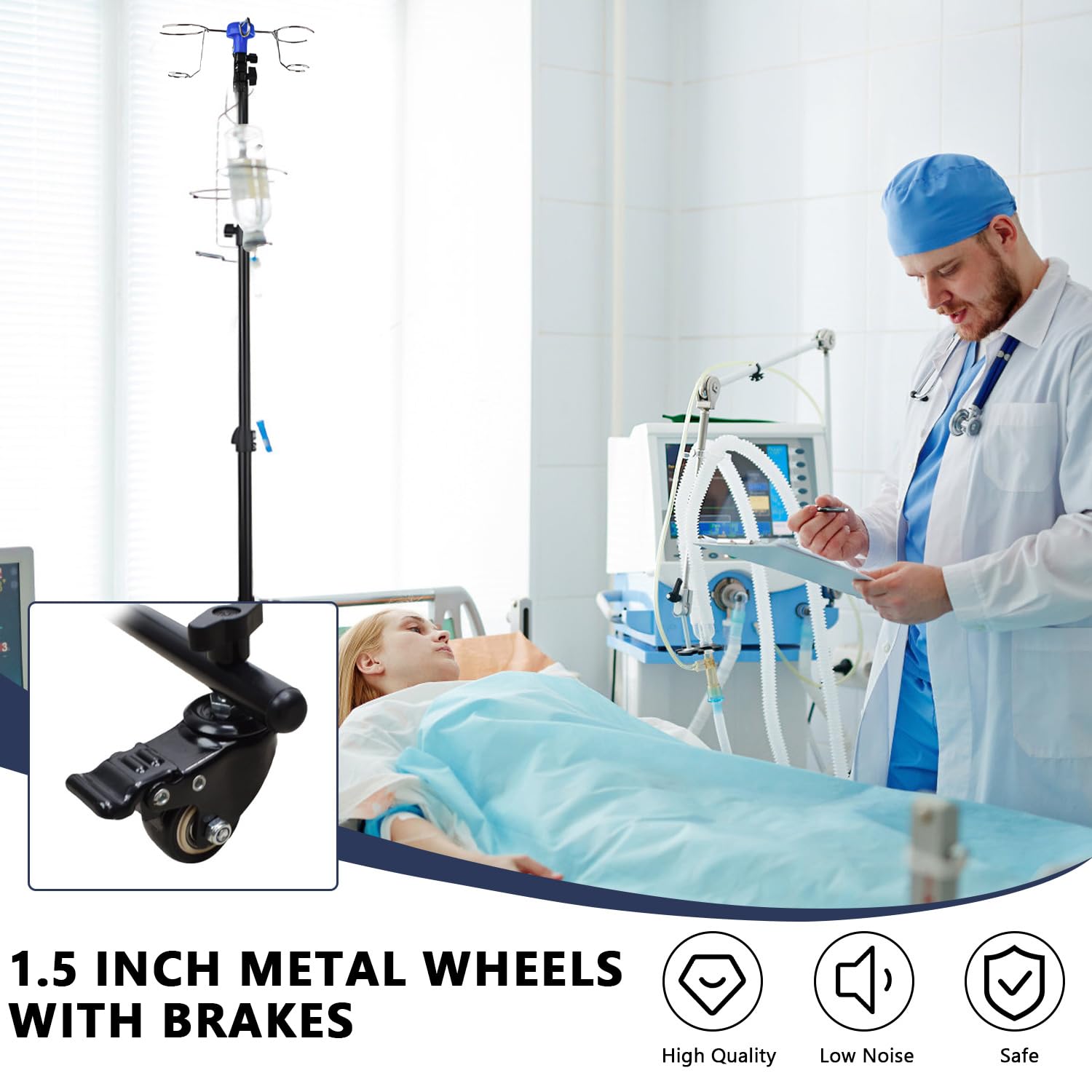 Soporte de infusión con ruedas, plegable, con soporte de acero inoxidable, gancho y paleta, soporte de infusión de acero inoxidable, altura ajustable de 90 a 190 cm