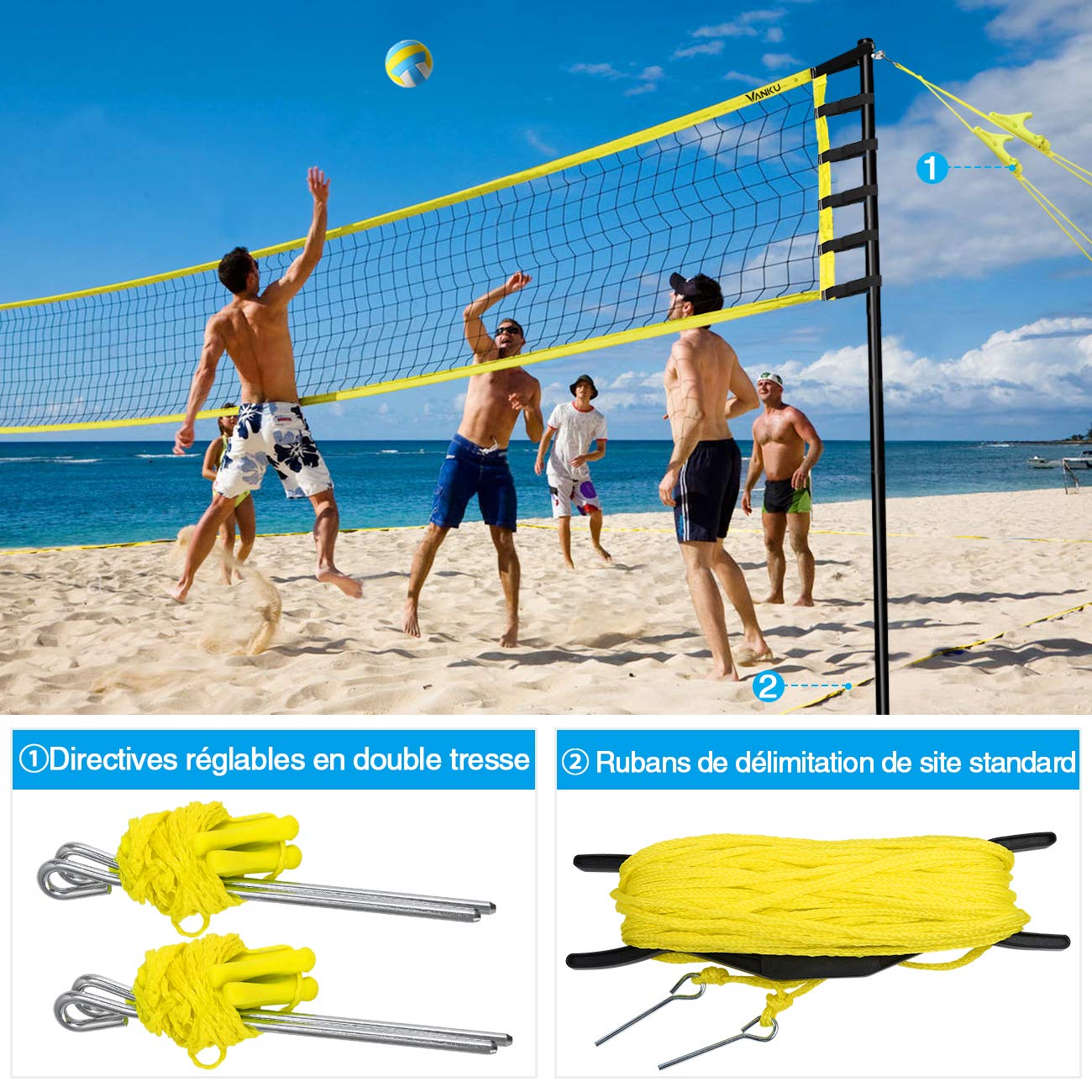 Vanku Filet de Badminton Volley-Ball Tennis Extérieurs Portable Réglable en Hauteur 9.75M x 0.9M