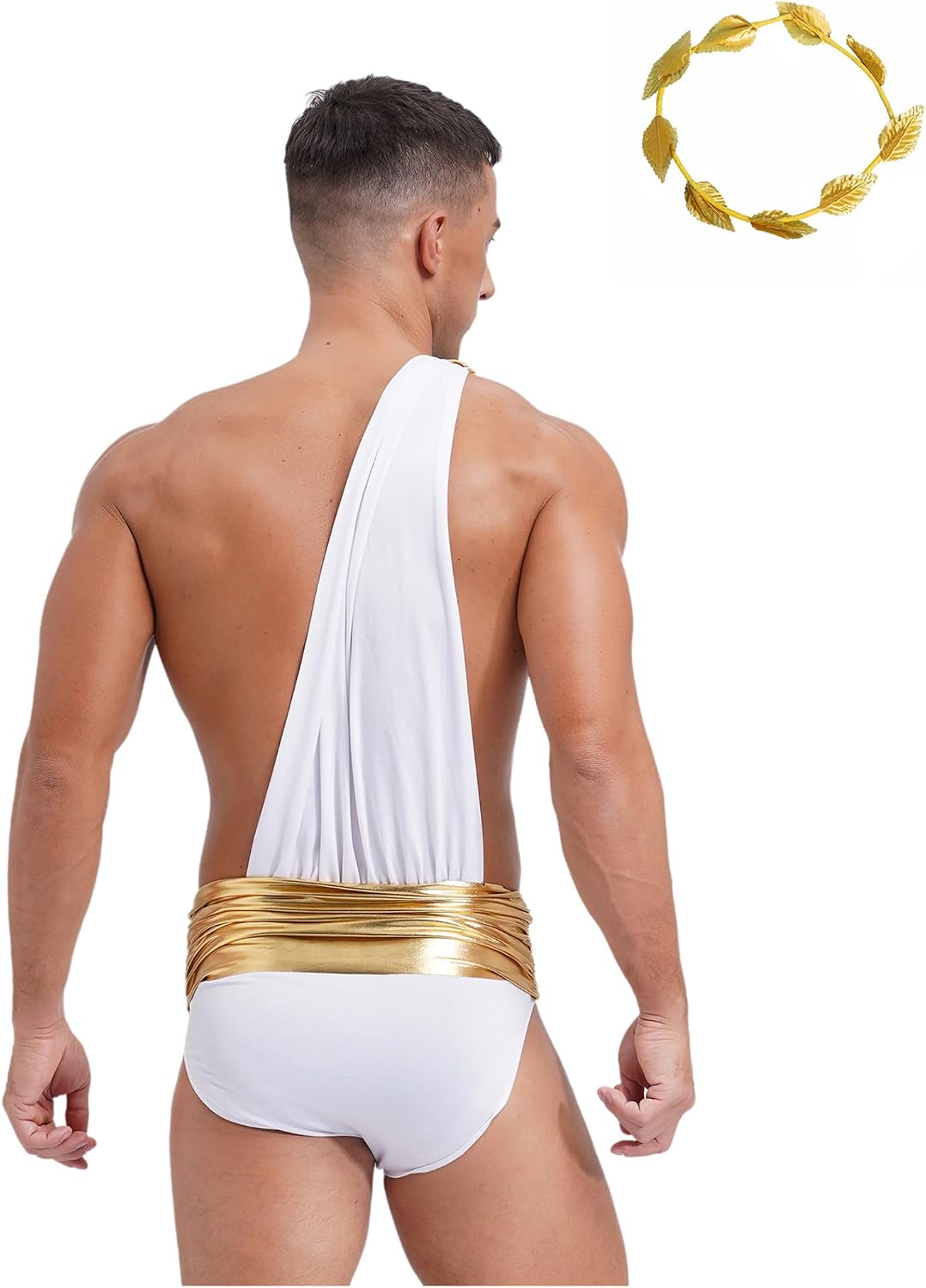 Men's Ancient Greek Roman Bodysuit One Shoulder Metallic Belt Briefs Toga Jumpsuit Headwear