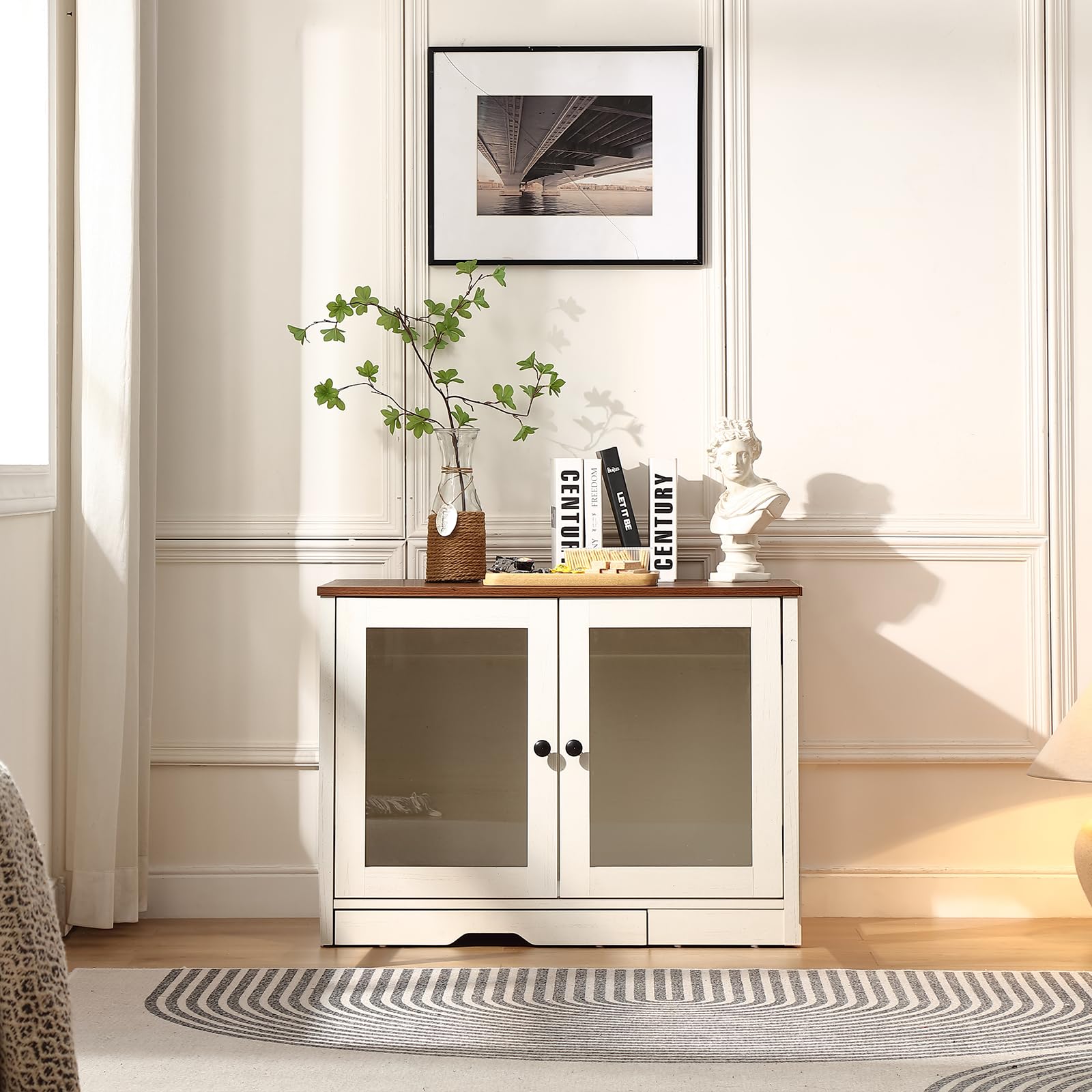 FOREST GRAVITY Mueble Arenero para Gato Pequeño Mueble Arenero para Gato Moderno 82 * 58.5 * 53 cm Casa para con Puerta y Tabique Separador Blanco Antiguo