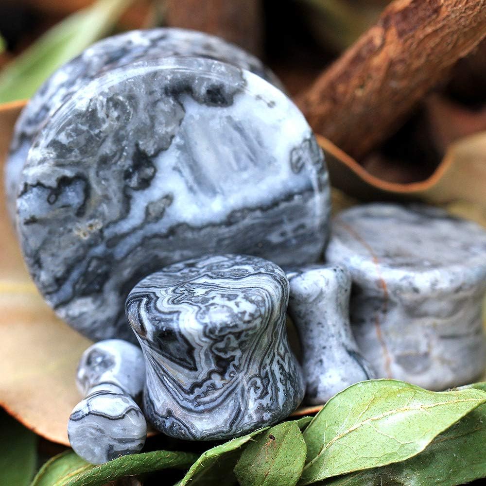 Pierced Owl - Grey Wave Jasper Natural Stone Saddle Plugs, Sold as a Pair