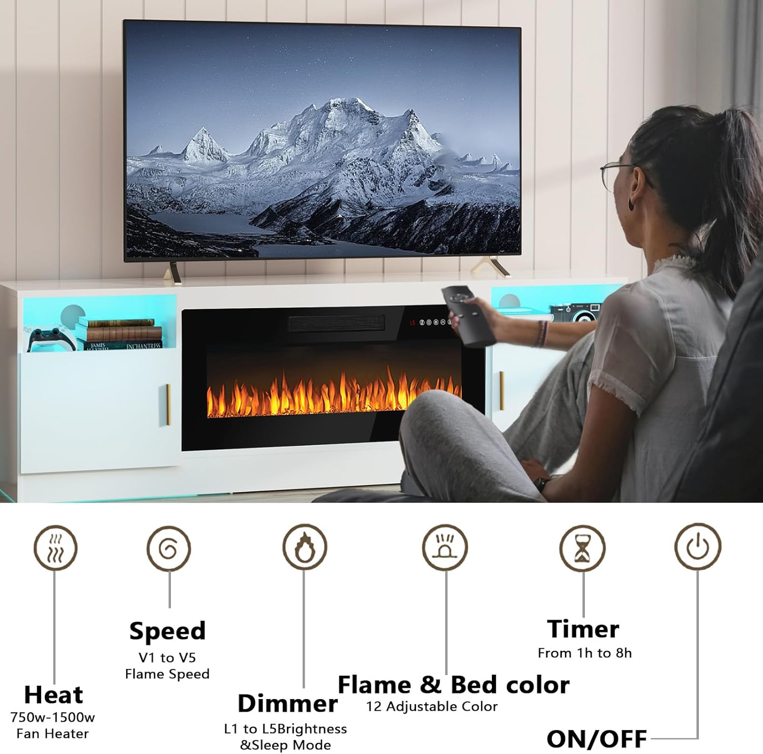 Person using a remote control to adjust the settings of the electric fireplace, with icons for heat, speed, dimmer, flame and bed color, timer, and on/off.