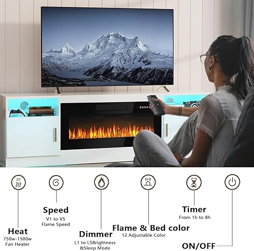 Miniatura 6 de PUKAMI Soporte de TV con chimenea para televisores de hasta 80 pulgadas, centro de entretenimiento con chimenea, soporte de TV con luz LED, 70
