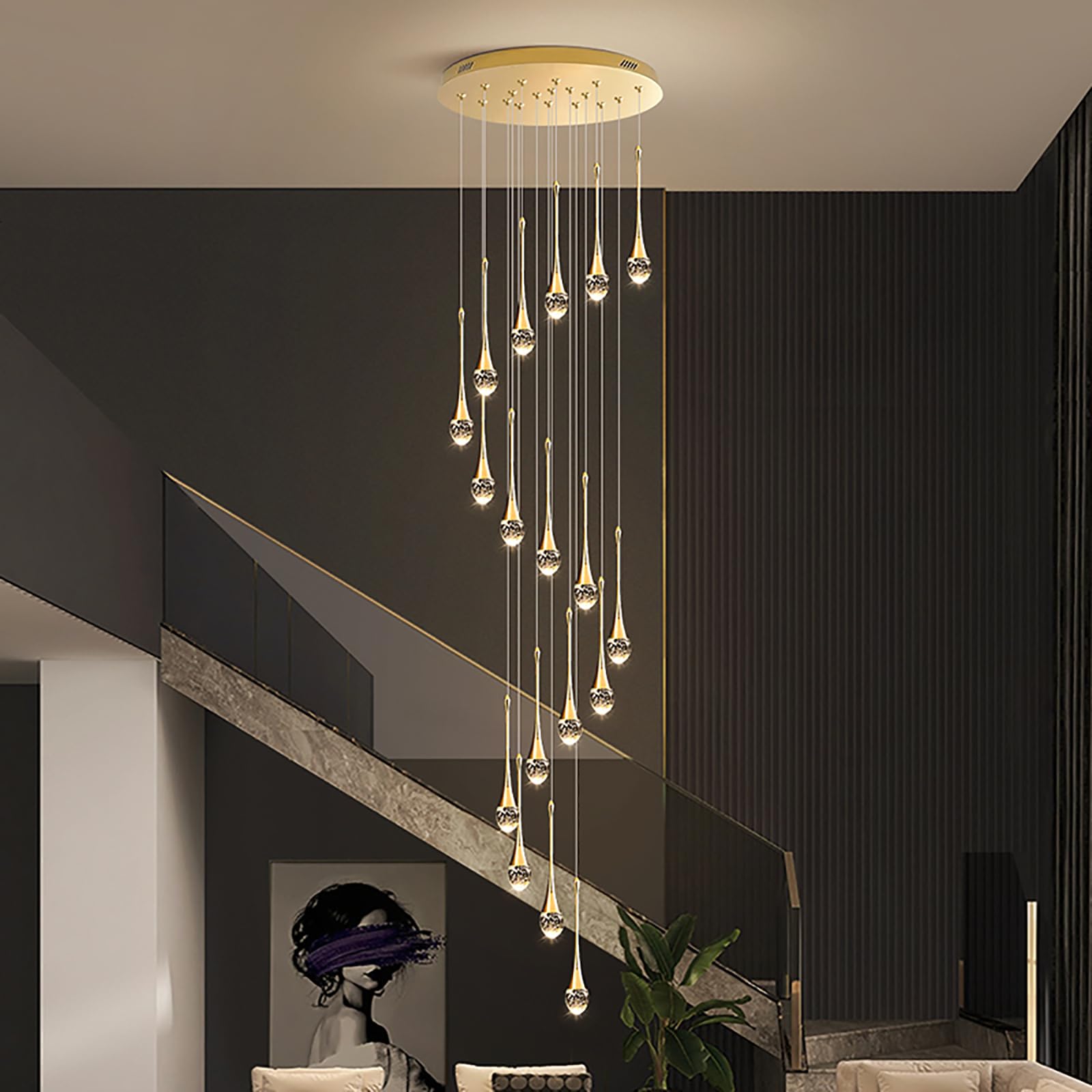 PCXEHUYP Raindrop Crystal High lights Staircase Chandelier with Remote Dimmable,Adjustable Height Long Pendant Ceiling Light Fixture for