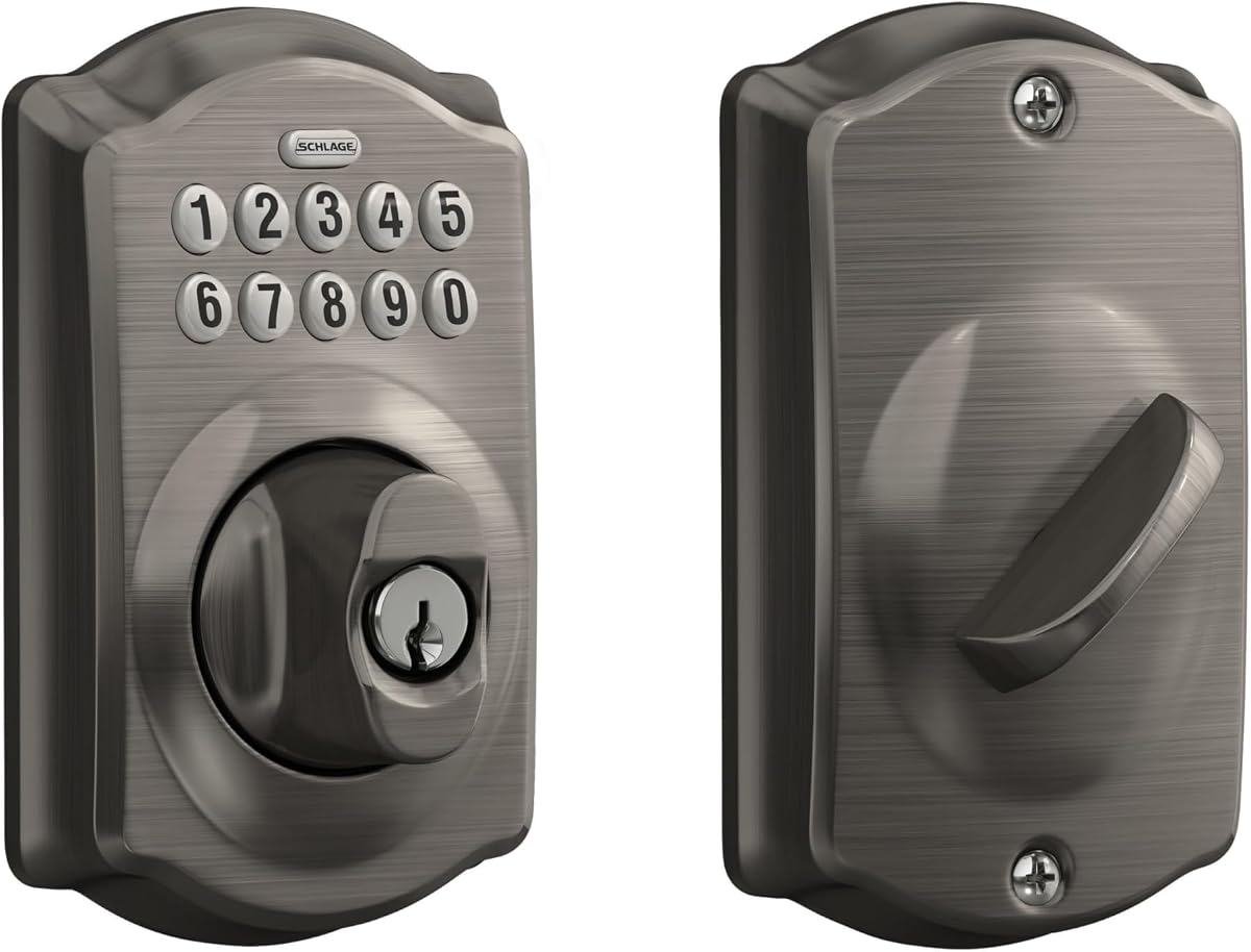 Cerradura de cerrojo con teclado electrónico, detalles Plymouth, peltre antiguo | Cerradura de puerta de entrada sin llave, Cerrojo con teclado pulsador, Copia de seguridad de llave incluida, Seguridad certificada, Fácil instalación, BE365