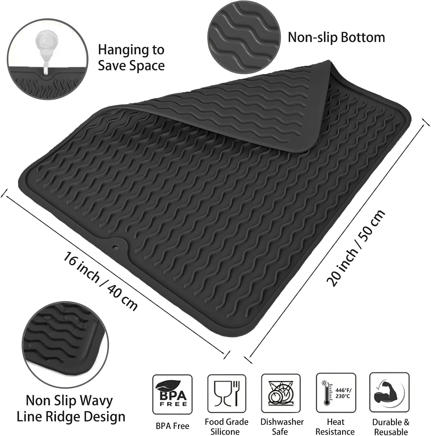 Large Silicone Dish Drying Mat, 20"x16" Dish Mat, Black