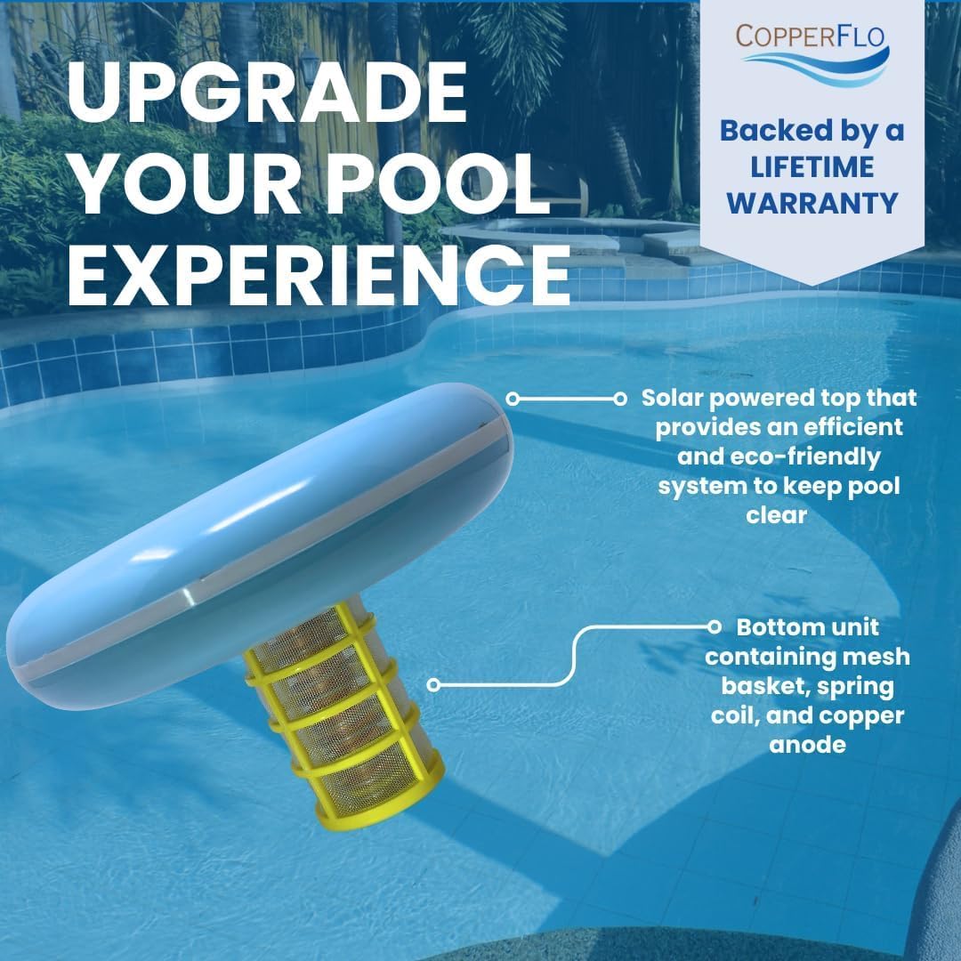 The CopperFlo Solar Pool Ionizer | Pool Cleaner, 85% Less Chlorine, for Pools up to 45,000 Gal, Lifetime Replacement Program