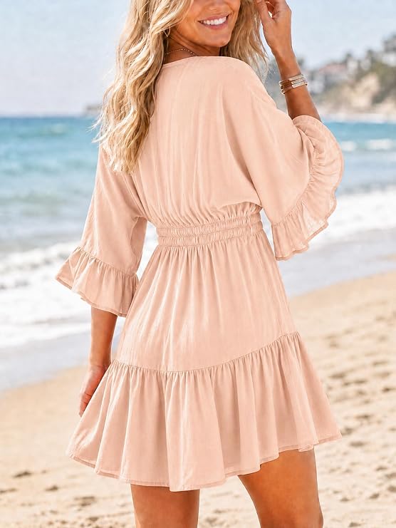 Aoysky Womens V Neck Casual Dresses Summer Cute Mini Short Western Dress