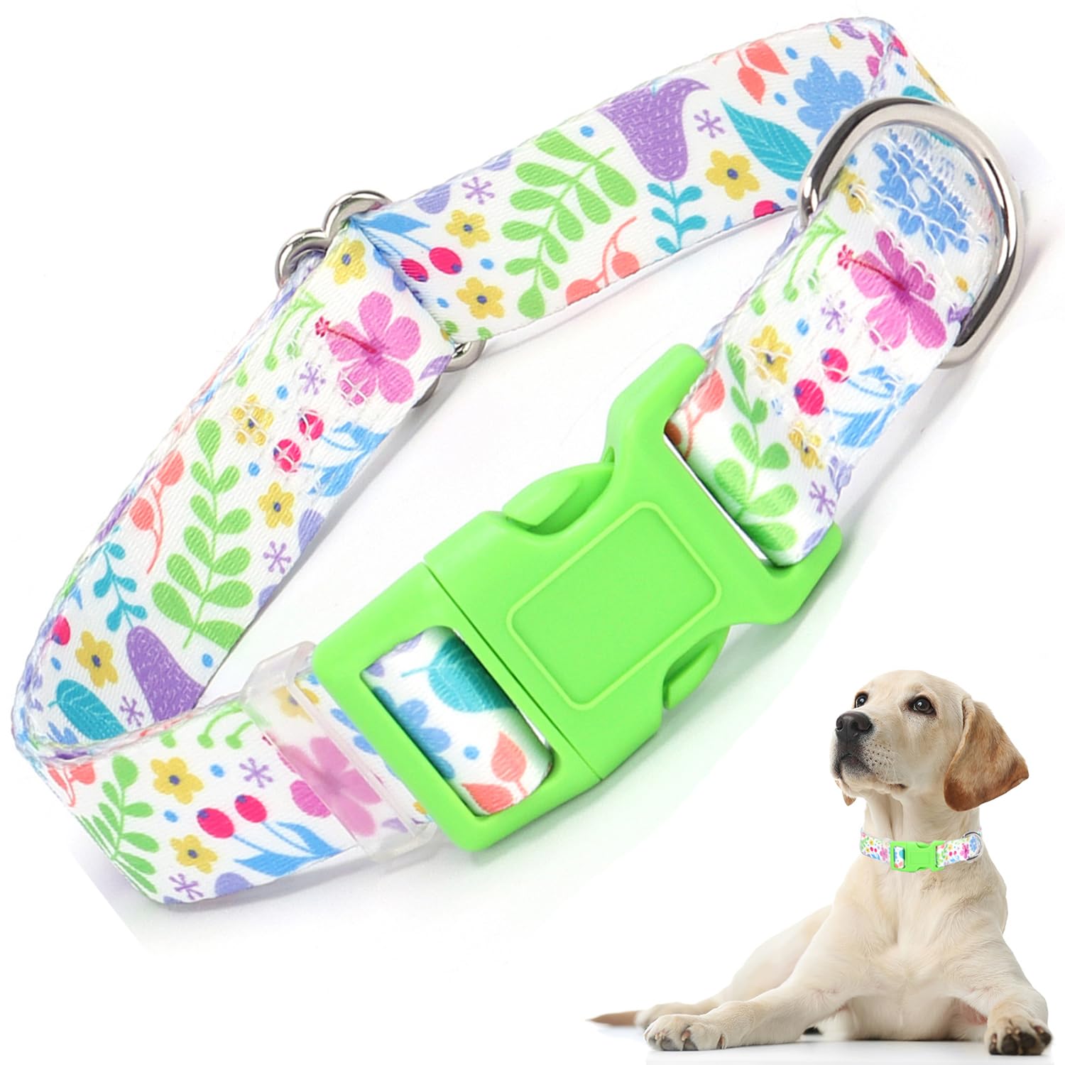 Dog Collar for Medium Dogs, Summer Floral Dog Collar with Green Flowers Patterns, Adjustable Soft Pet Collar for Small Medium Large Dogs (Green Floral