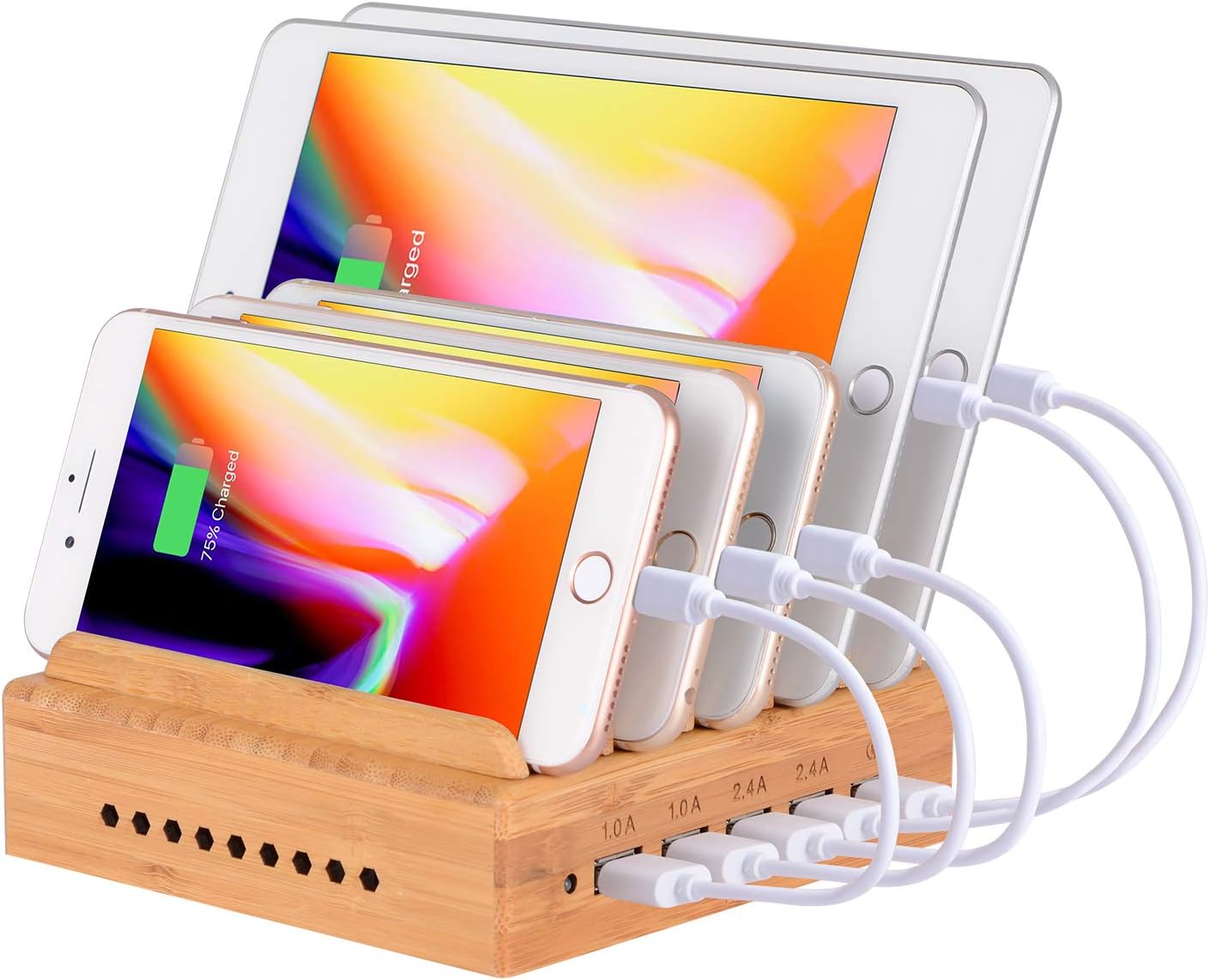 OthoKing Bamboo Charging Station, Fastest Wood Charging Dock Organizer 5-Port with Quick Charge 3.0 of Universal Cell Phones Tablets (5 Cables Included & 1 QC 3.0 Port)