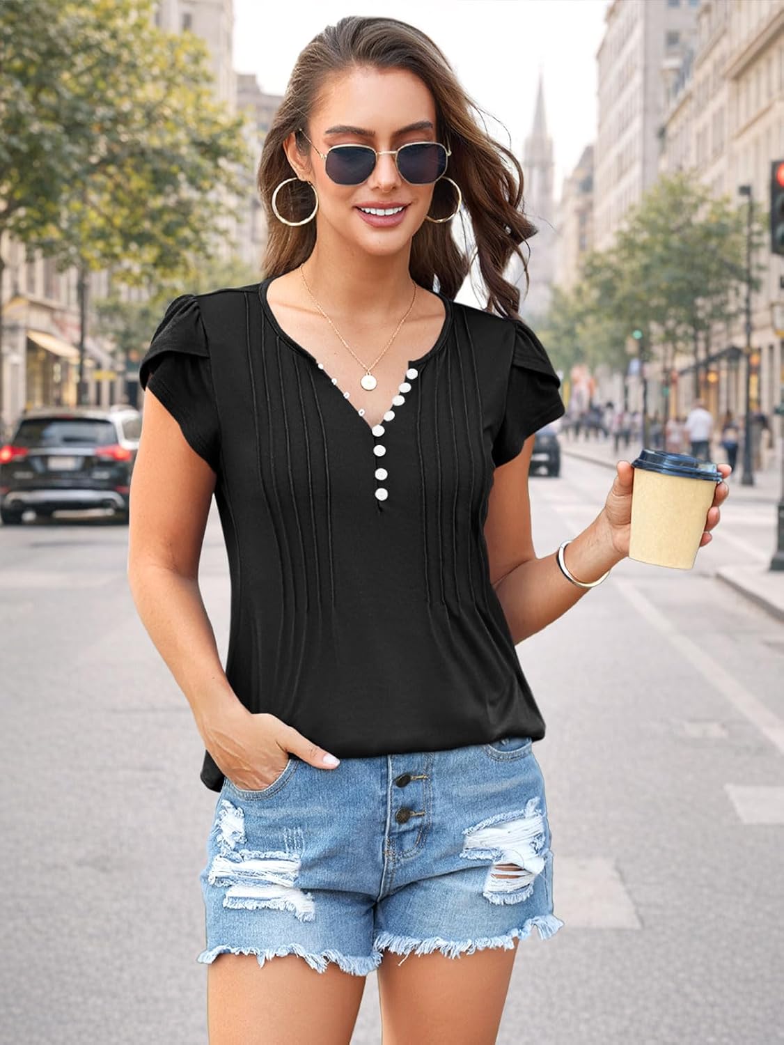 Disamer Summer Tops for Women Petal Short Sleeve Shirts Dressy Pleated Tunic 2026 Casual V Neck Button Down Blouses - Image 4