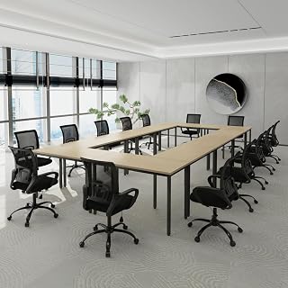 Bonzy Home Conference Tables 23ft Office Computer Desk for Meeting Room Classroom Writing Printer Podcast Table for 24 People, 10PCS 275.5"x47.2"x29.5", Natural