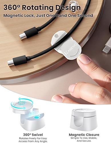 Miniatura 2 de Kanemc Clips de cable para escritorio, organizador magnético de alambre giratorio de 360°, gestión de cables autoadhesivos para escritorios de