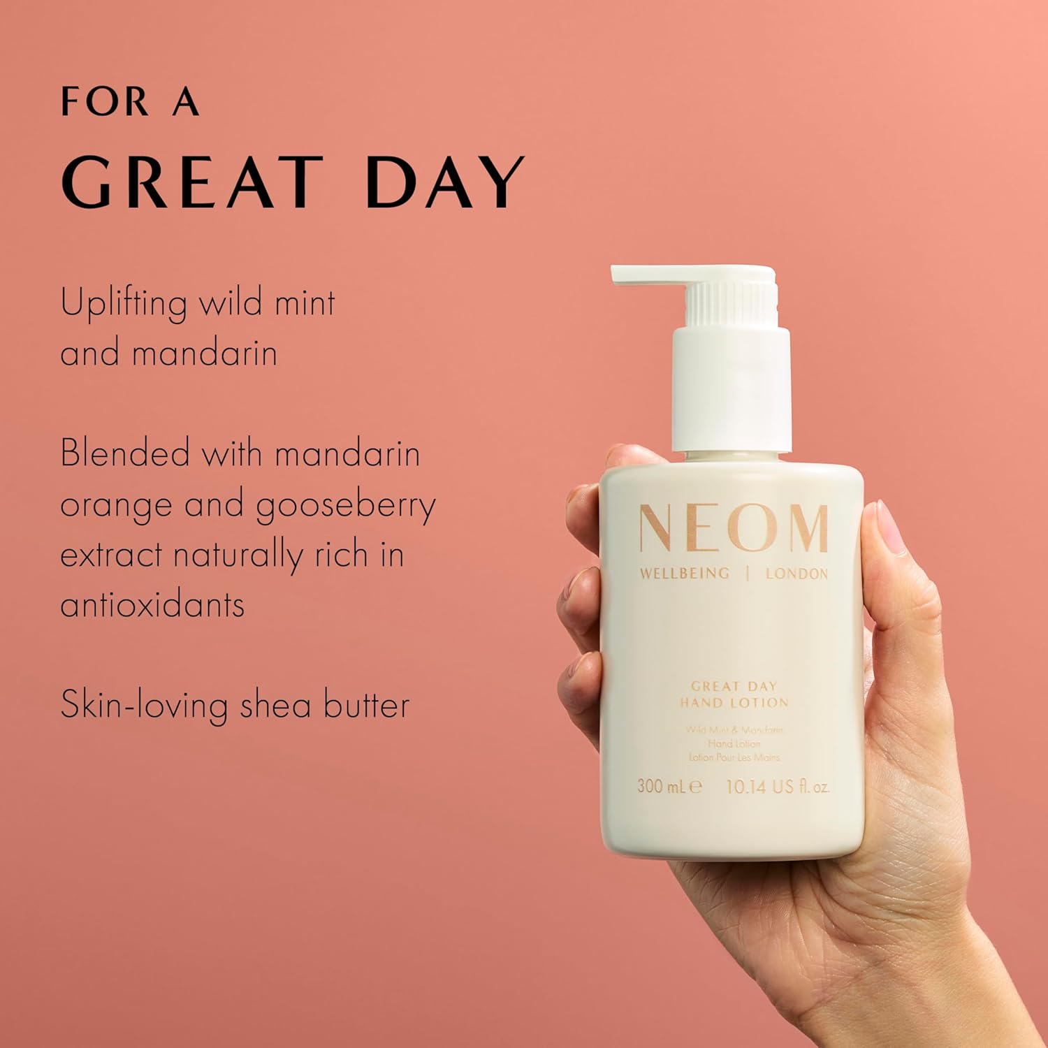 Neom Great Day Hand Lotion, 300ml | Wild Mint & Mandarin I 7 Essential Oils I 100% natural fragrances I 100% recyclable bottle I Luxurious formula I Hydrating - Image 2