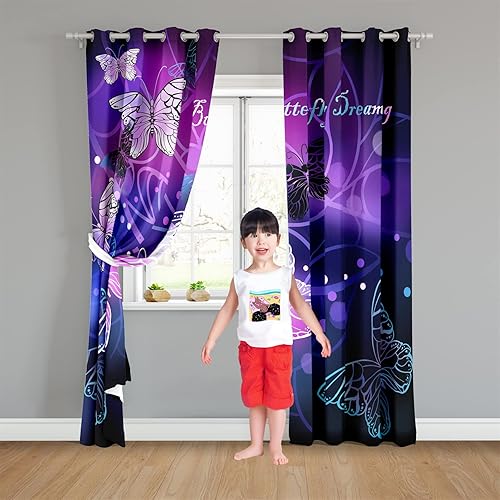 Miniatura 4 de Paneles de cortinas opacas de mariposa para ventana de niñas, cortinas opacas moradas para dormitorio, 2 paneles de 84 pulgadas de largo para