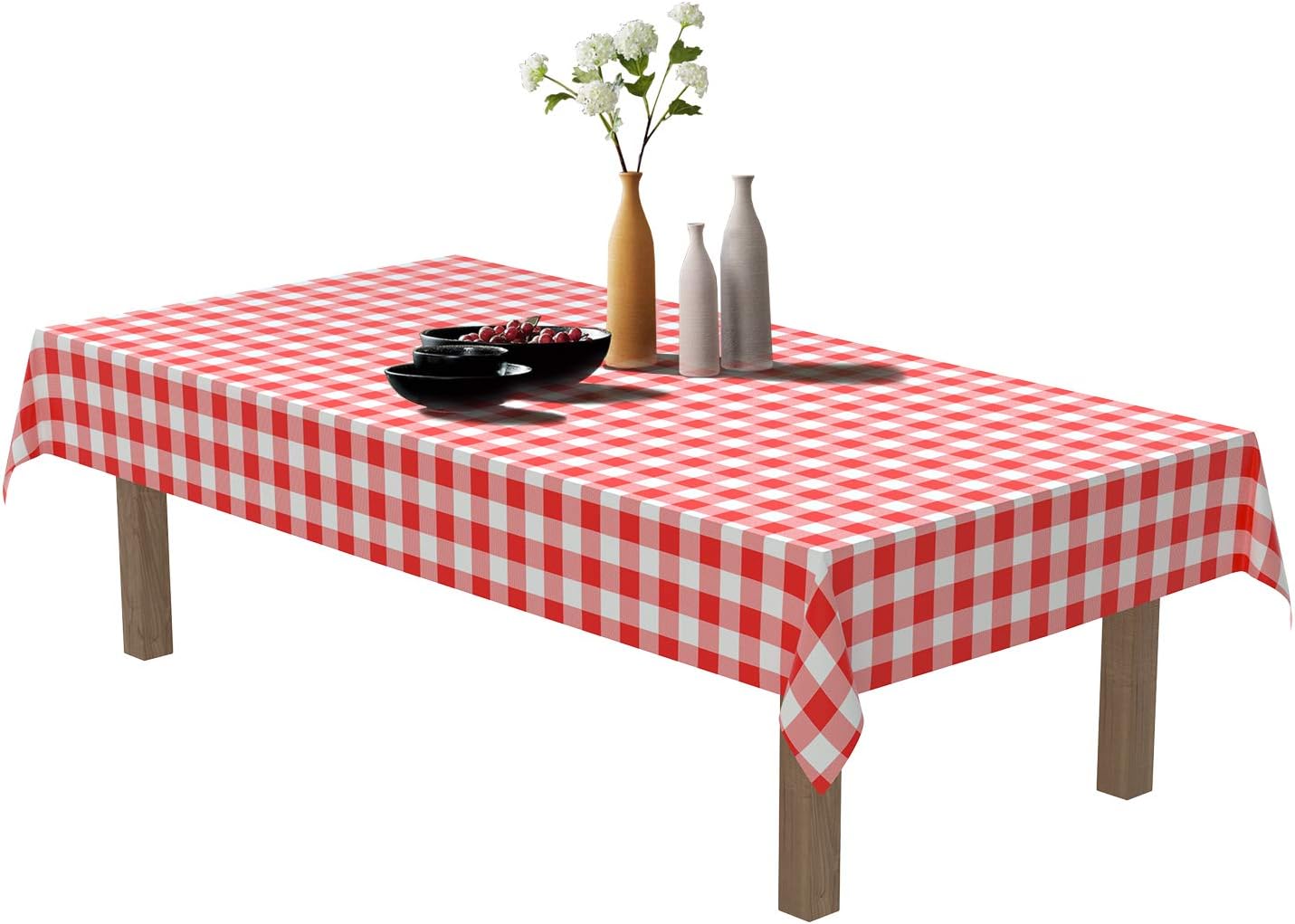 Puricon 6 Pack Disposable Plastic Tablecloths 54 x 108 Inch Premium Rectangle Table Cover, Decorative Fabric Table Cover for Dining Table, Buffet Parties and Camping -Red White Gingham Check