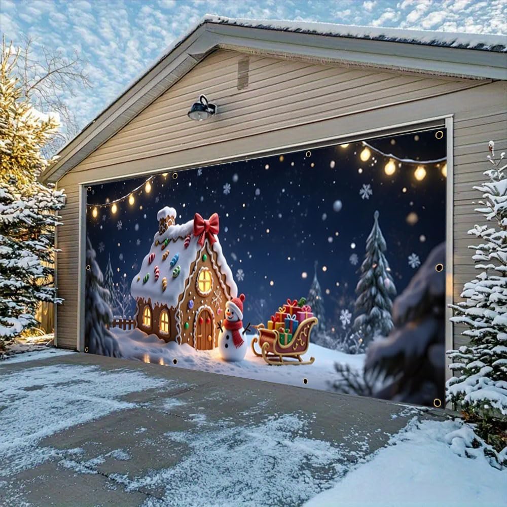7x16ft Christmas Gingerbread Garage Door Decorations Snowy Night Candy Gingerbread Snowman Christmas Garage Door Cover Banner for 2 Car New Years Xmas Party Supplies Backdrops for Photoshoot