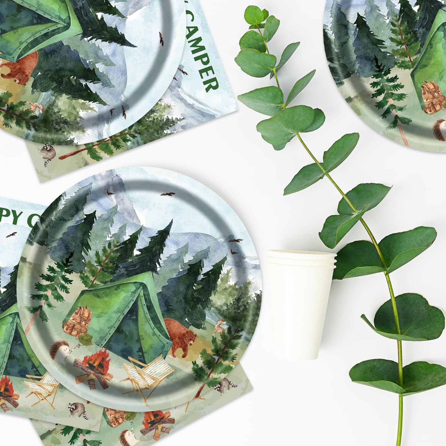40Pcs One Happy Camper Birthday Decorations Forest Camping Plates and Napkins Supplies Happy Camper Party Decorations image 5