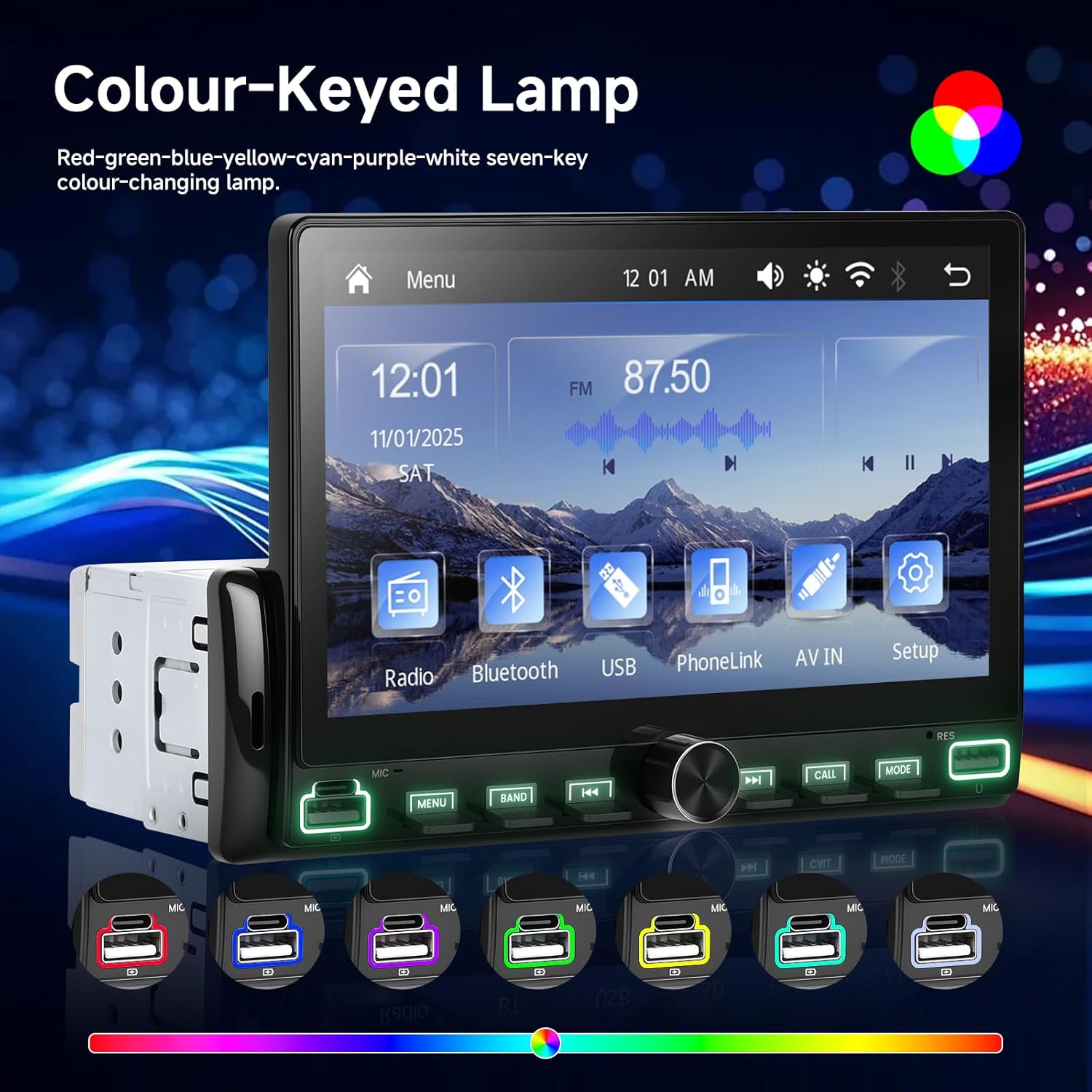 Car stereo screen displaying FM radio interface with frequency 87.50 MHz. Below are preset buttons P1-P6. A graphic equalizer and radio waves are in the background.