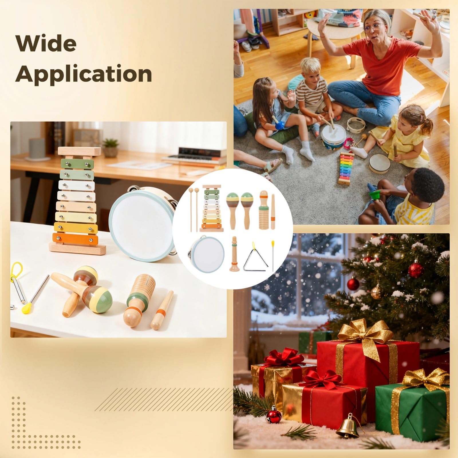 6-teiliges Holz-Percussioninstrumente-Set für Kleinkinder 1-3 Jahre, Xylophon, Guiro, Sandhammer, Horn, Tamburin, Triangel, Orff-Musikinstrumente für frühes Musizieren